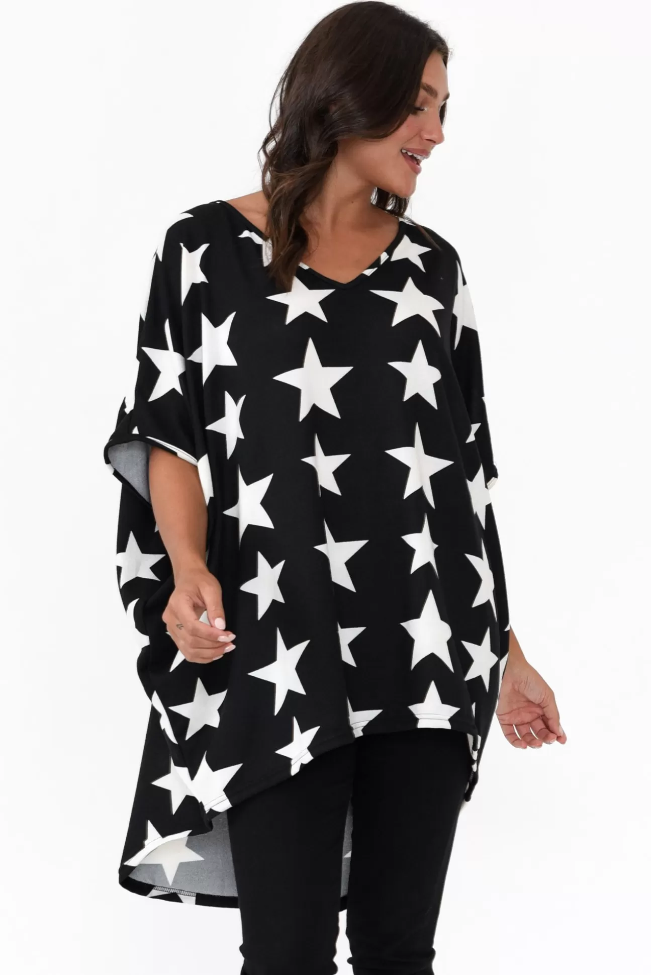 La Mode Aaron Black Star Knit Drape Top Discount