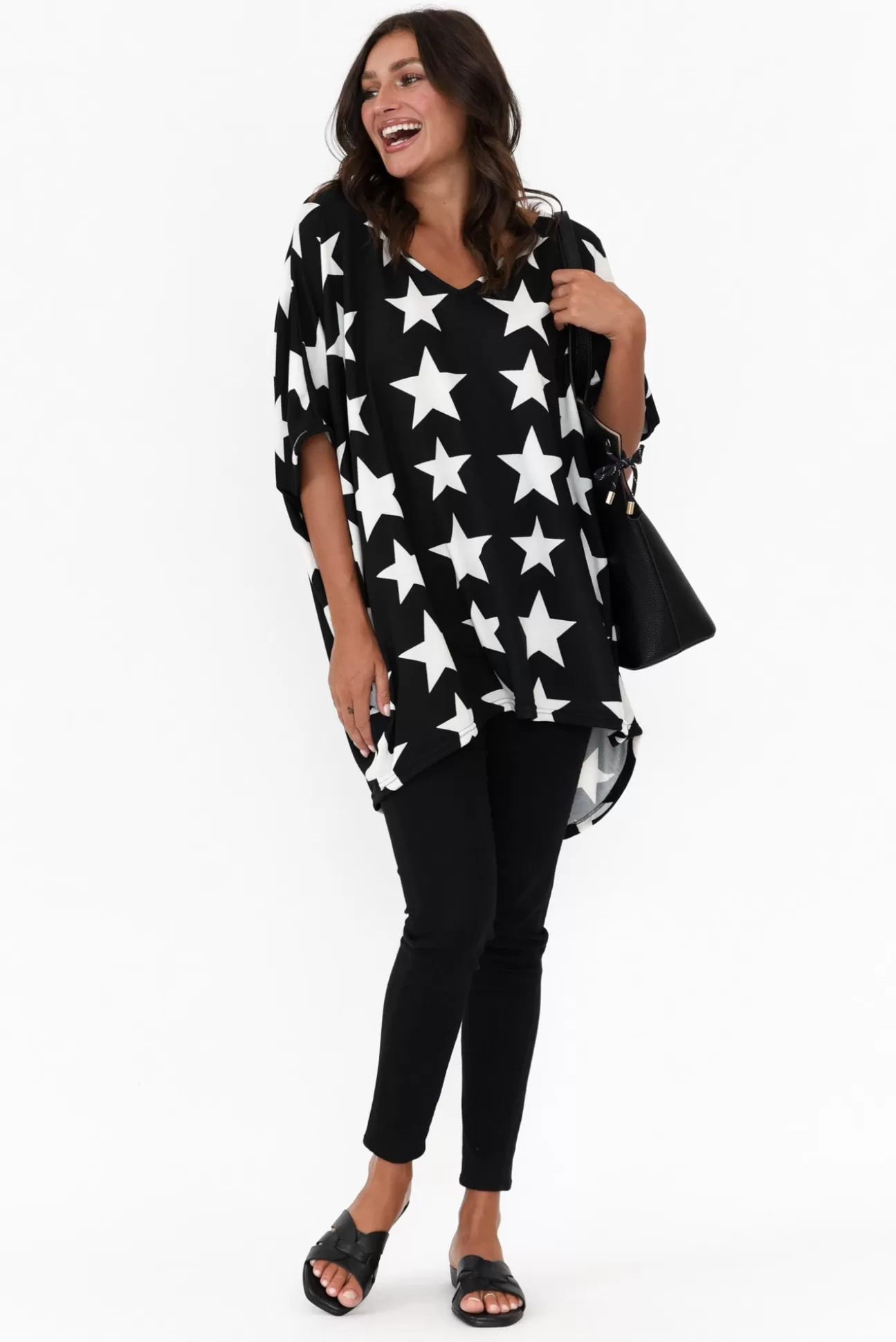 La Mode Aaron Black Star Knit Drape Top Discount