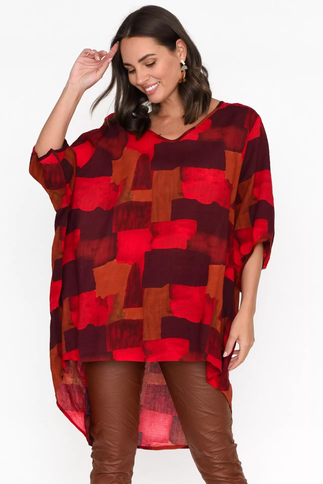 Cotton Village Abra Red Abstract Oversized Top Store