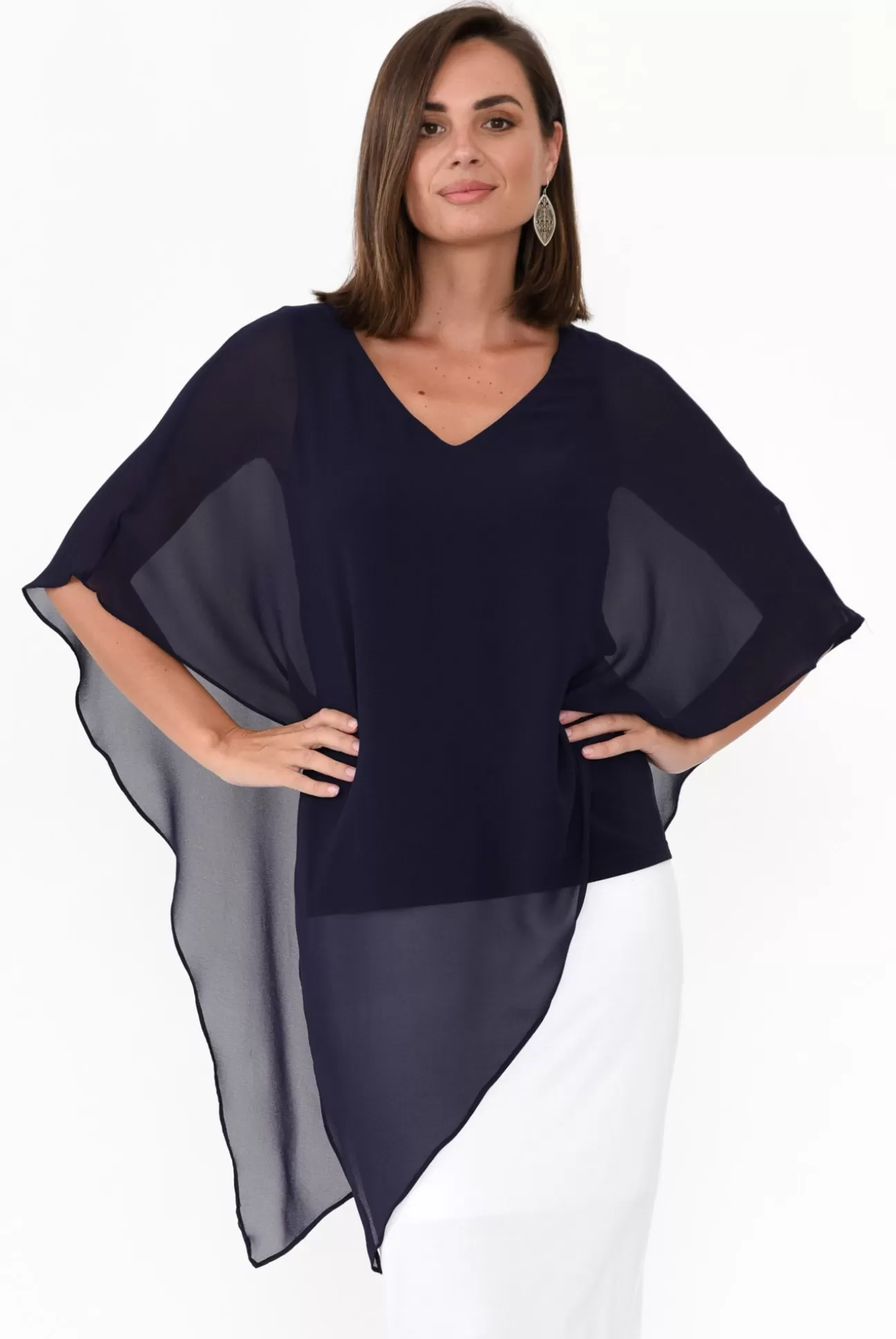 Four Girlz Adaline Navy Asymmetric Draped Top Hot