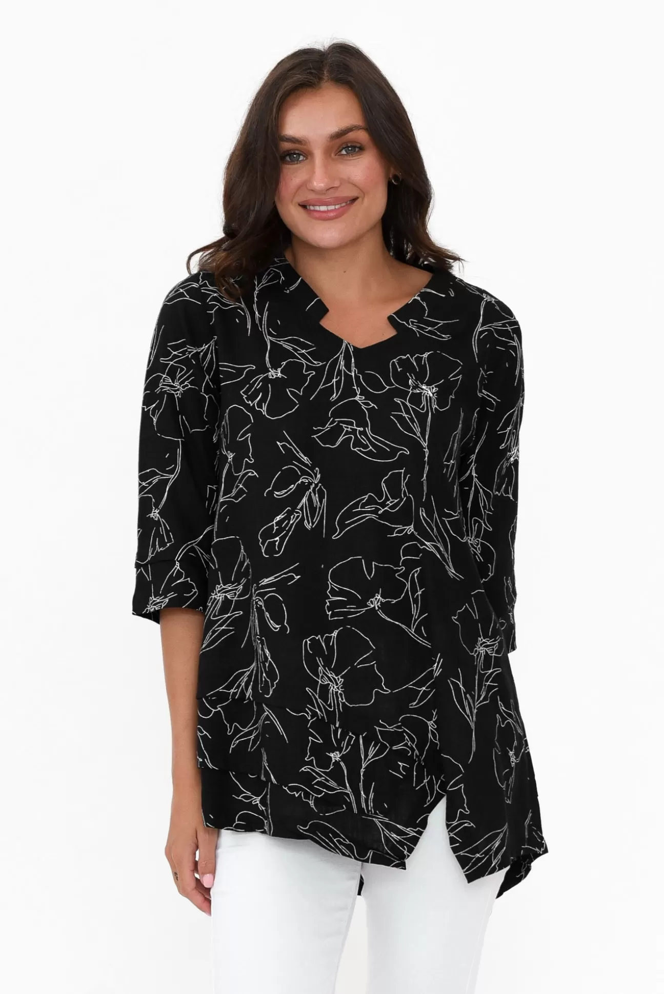 Ruby Rain Adara Black Flower Linen Cotton Top Sale