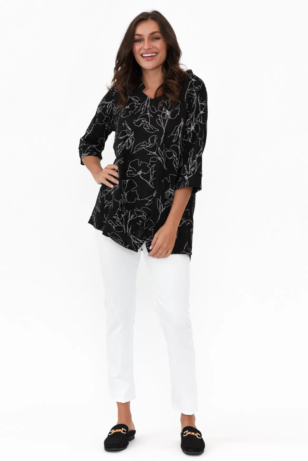 Ruby Rain Adara Black Flower Linen Cotton Top Sale