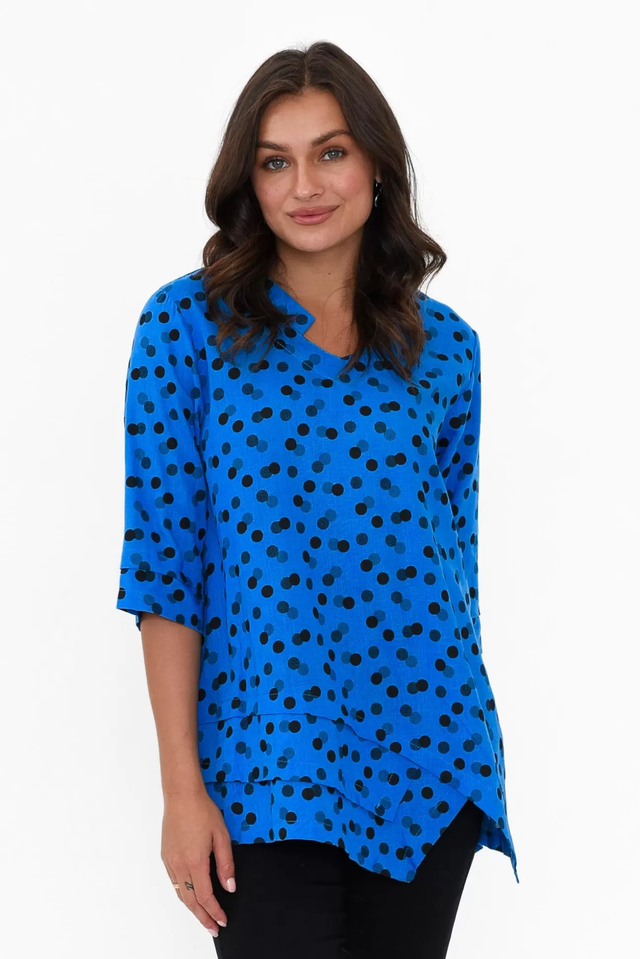 Ruby Rain Adara Blue Spot Linen Cotton Top Fashion