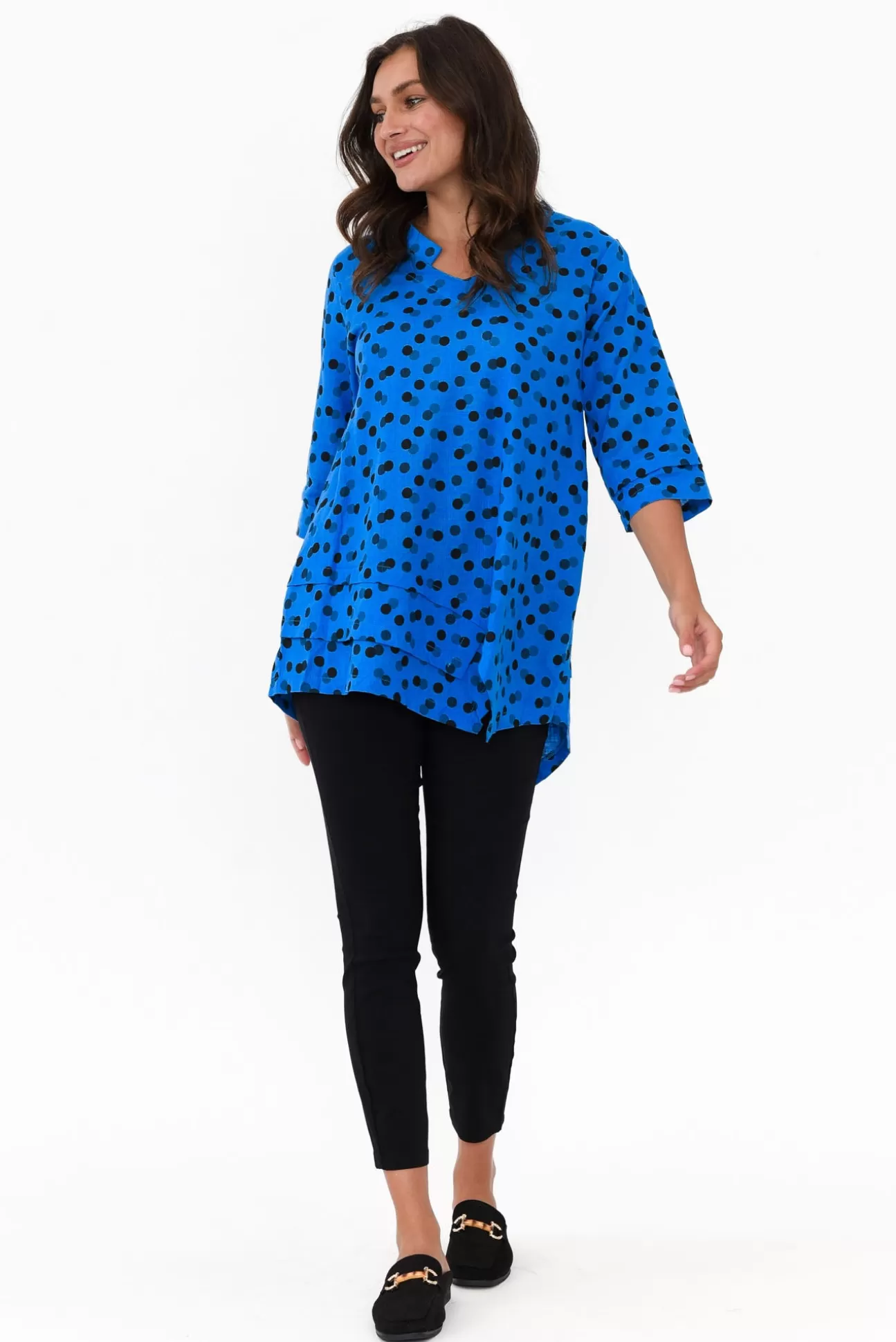 Ruby Rain Adara Blue Spot Linen Cotton Top Fashion