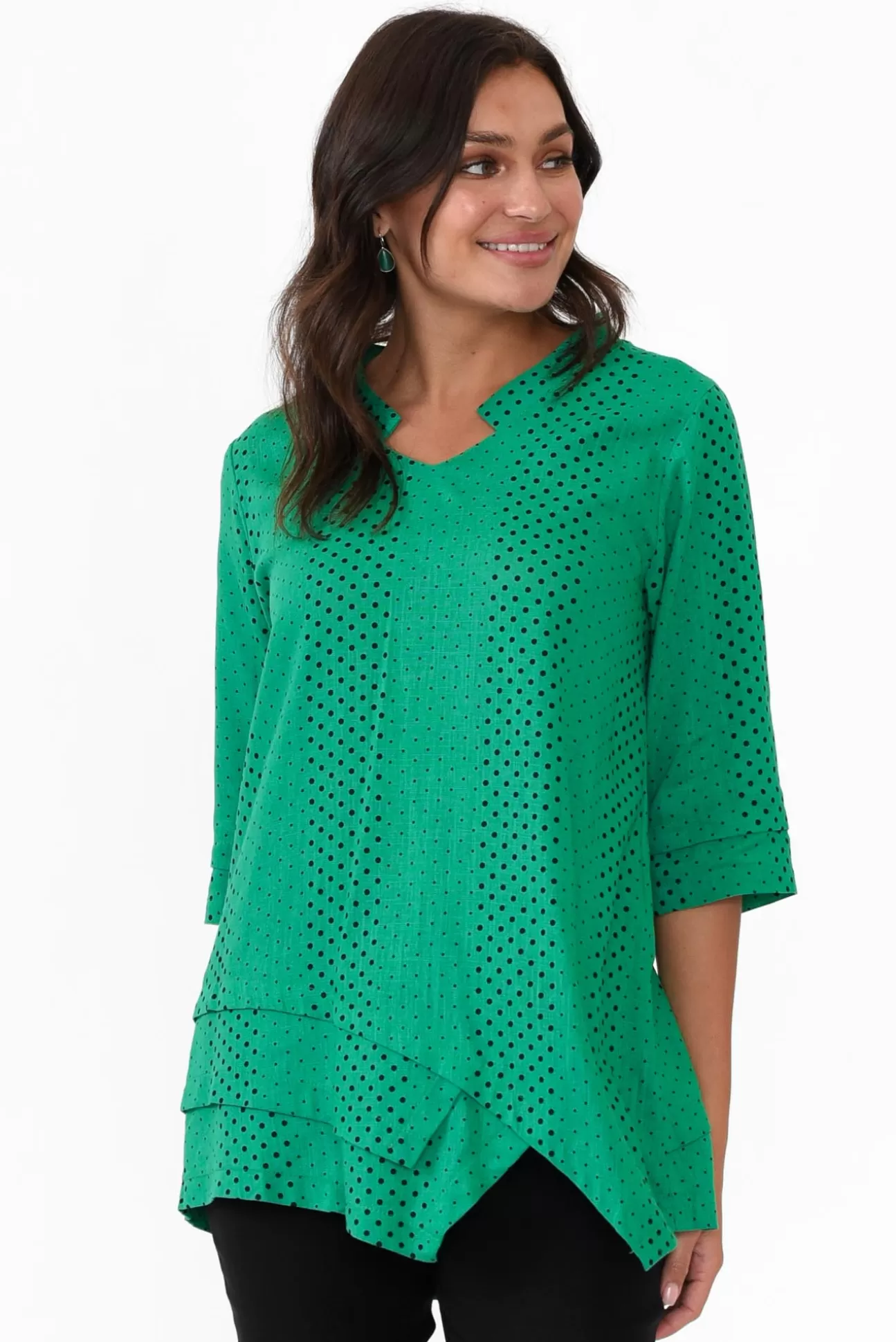 Hourglass Adara Green Dot Linen Cotton Top New