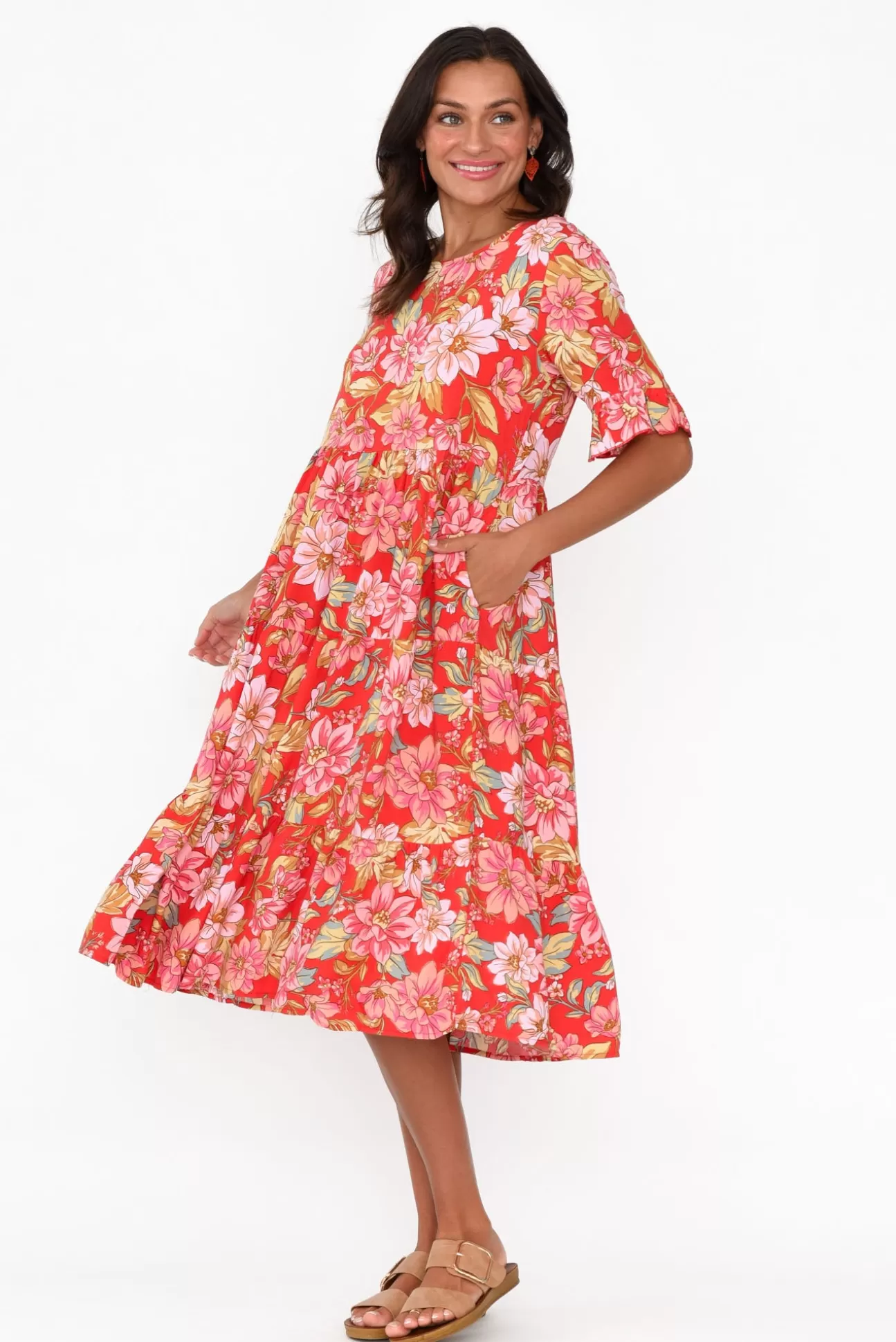 New U Collection Addison Red Bloom Tier Dress Best