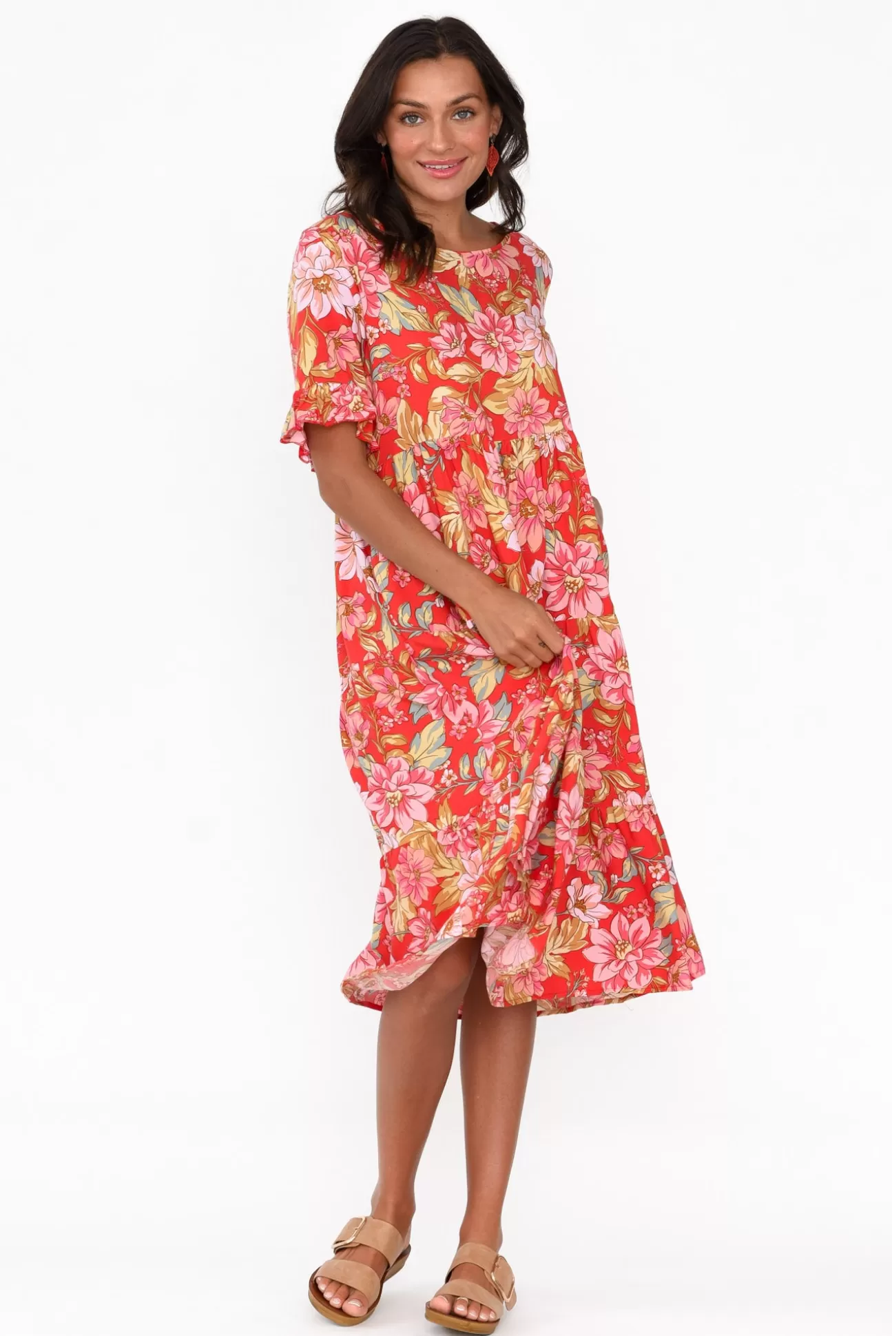 New U Collection Addison Red Bloom Tier Dress Best