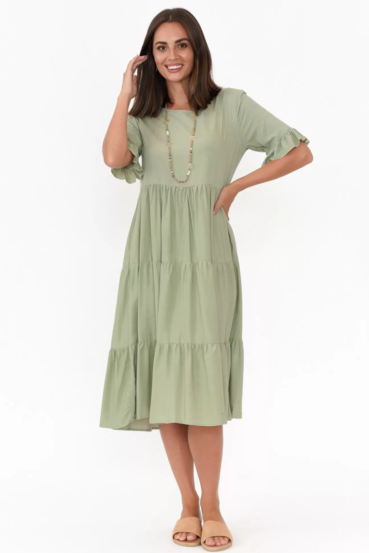 New U Collection Addison Sage Tier Dress Clearance