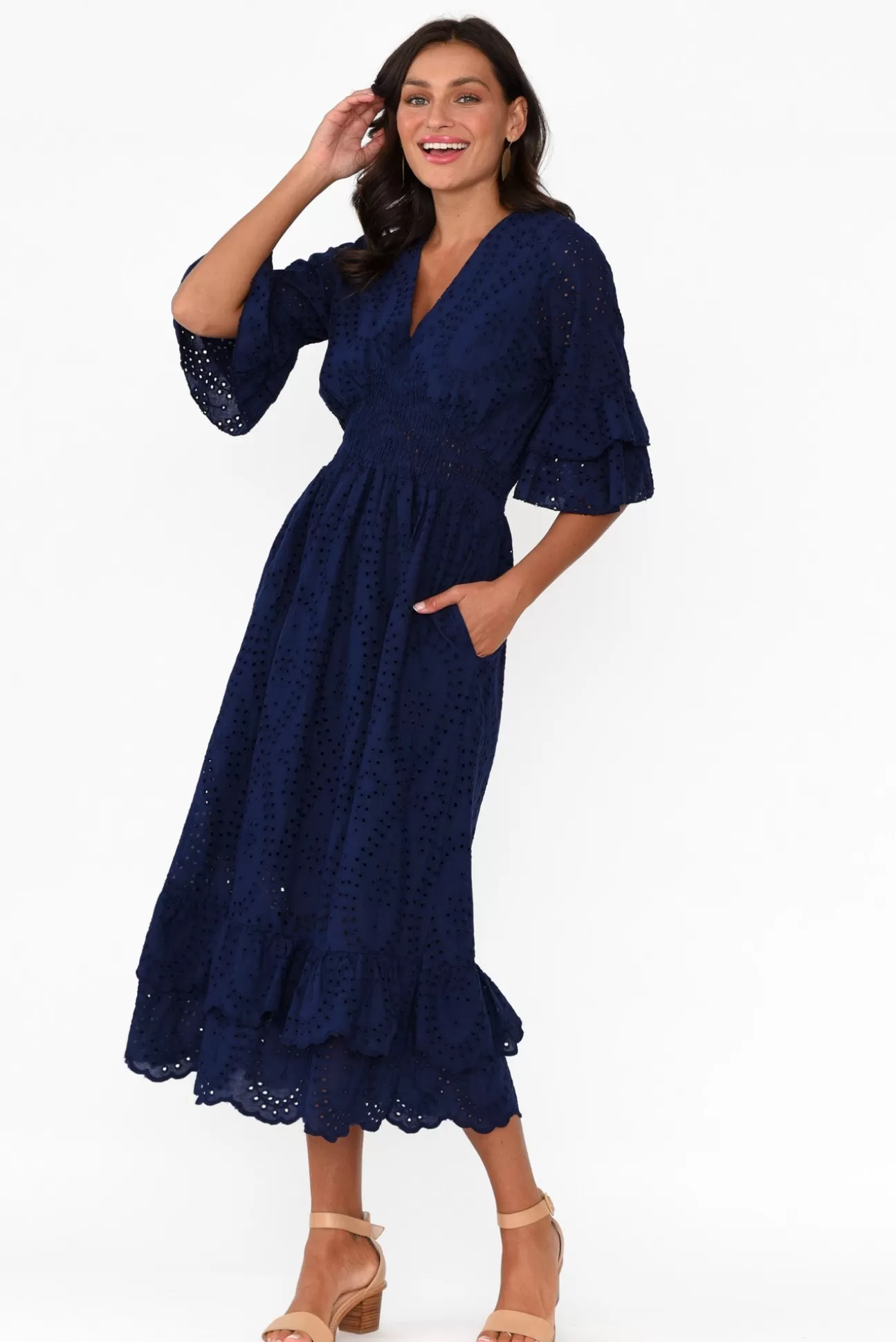 La Strada Adia Navy Embroidered Cotton Frill Dress Fashion