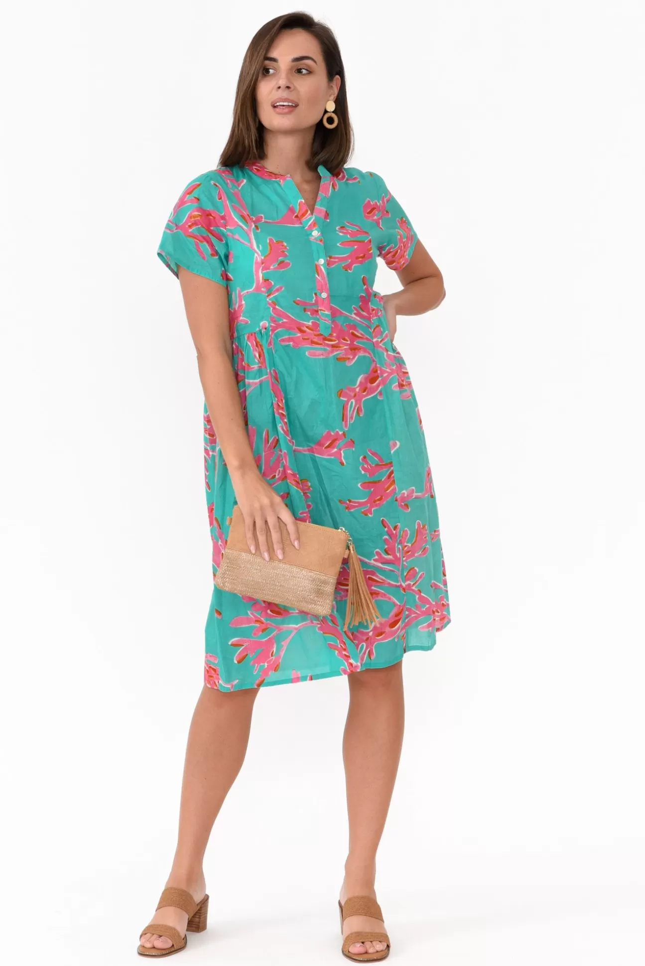 Mozaic Airlie Turquoise Coral Cotton Dress Hot