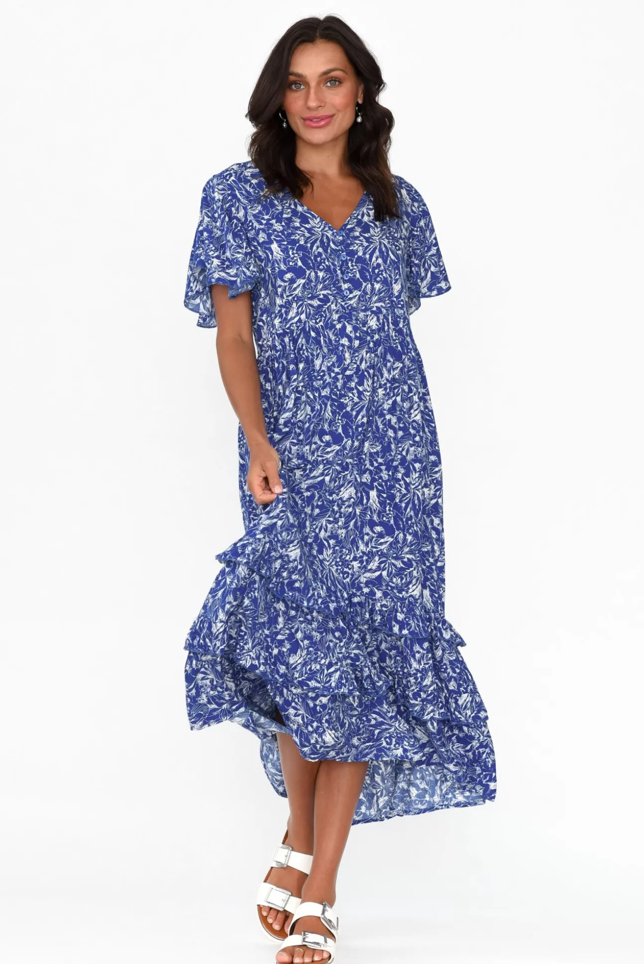 New U Collection Akira Blue Blossom Button Tier Dress Shop