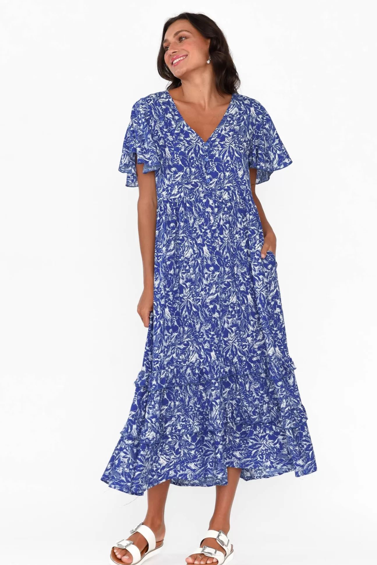 New U Collection Akira Blue Blossom Button Tier Dress Shop