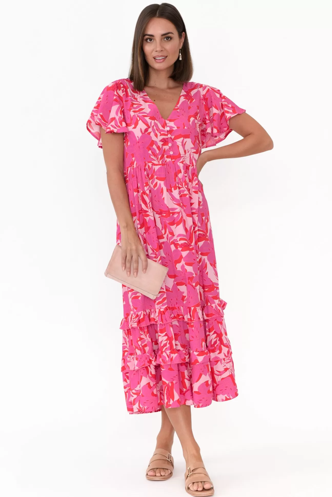 New U Collection Akira Pink Tropical Button Tier Dress Cheap