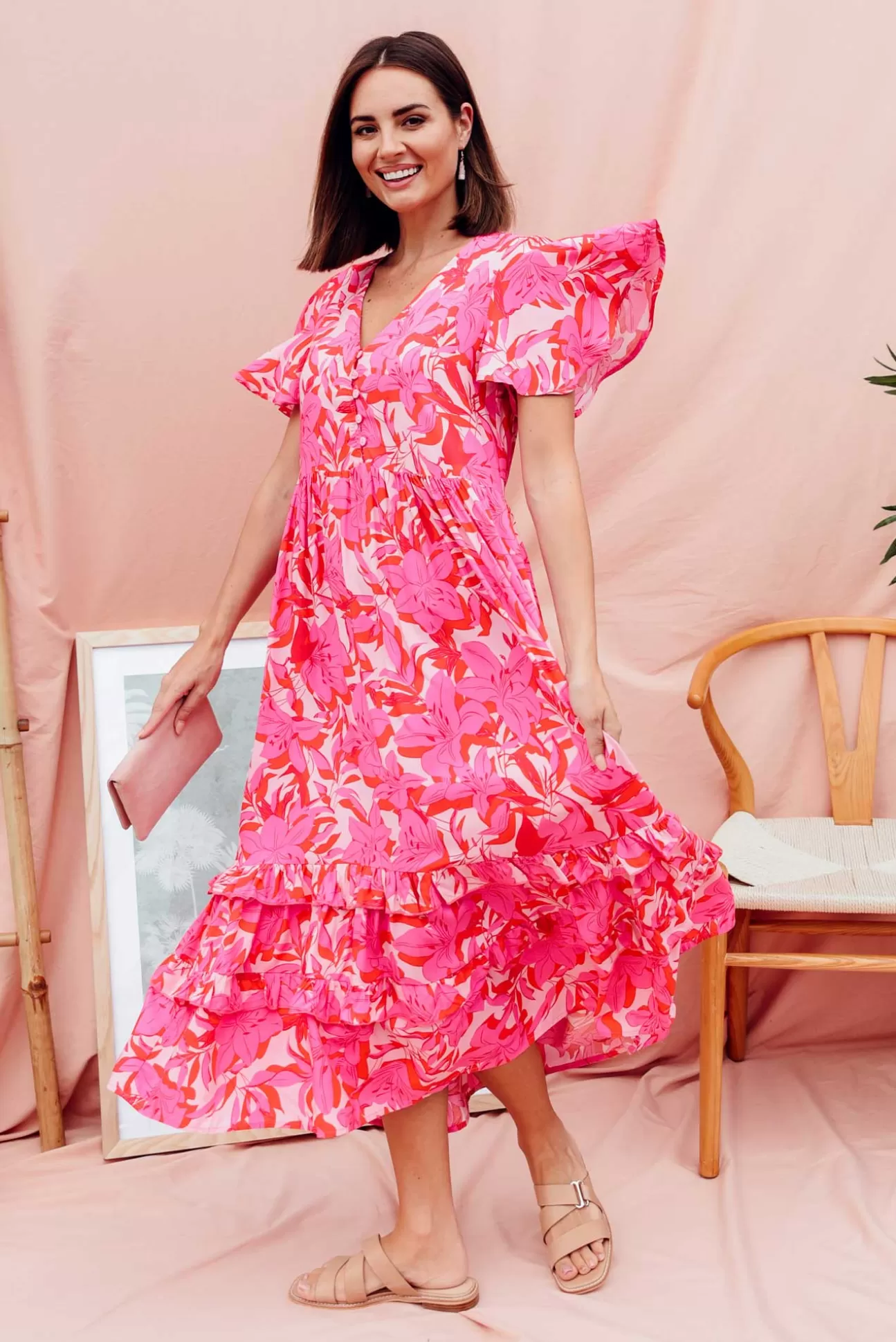 New U Collection Akira Pink Tropical Button Tier Dress Cheap