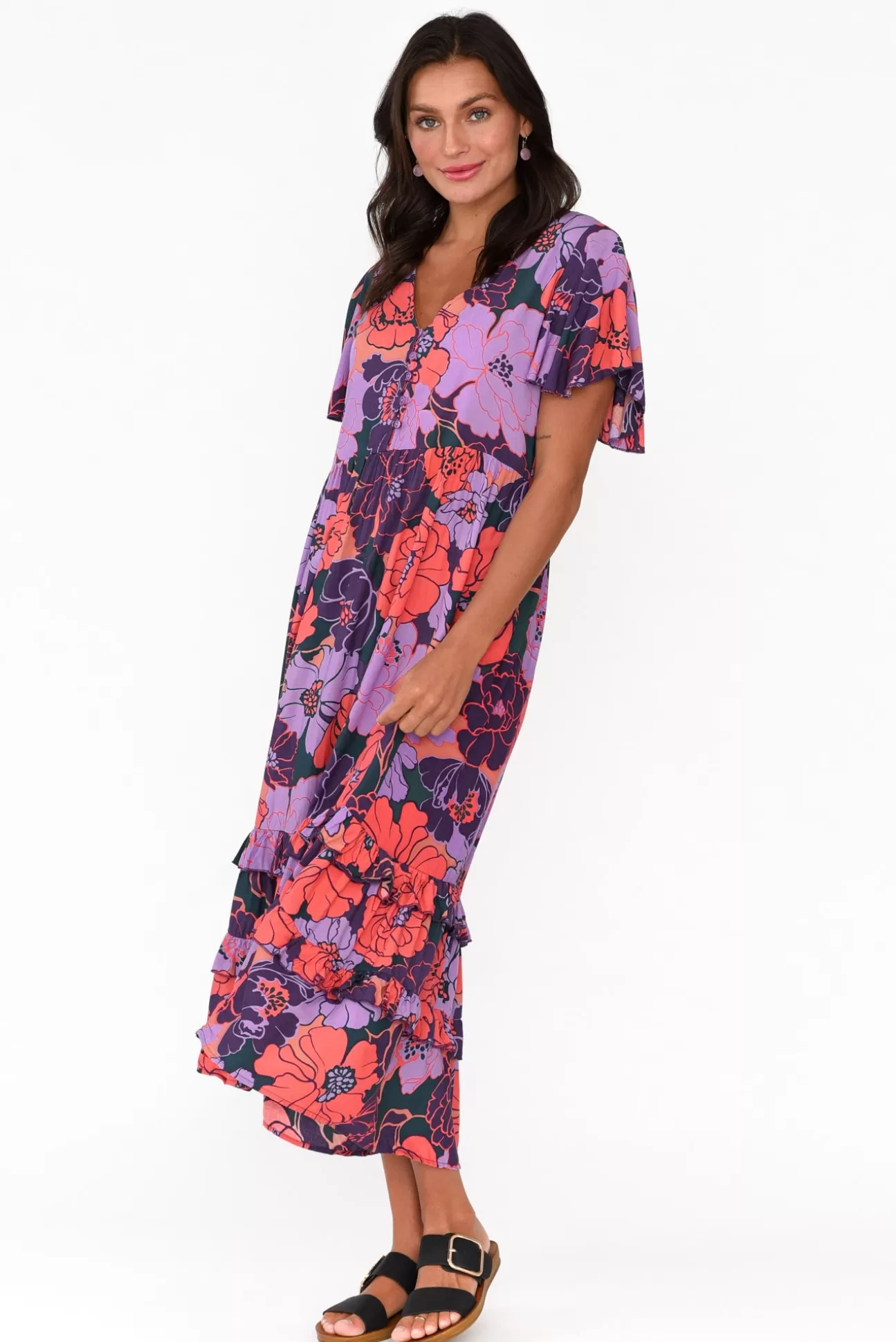 New U Collection Akira Purple Flower Button Tier Dress Fashion