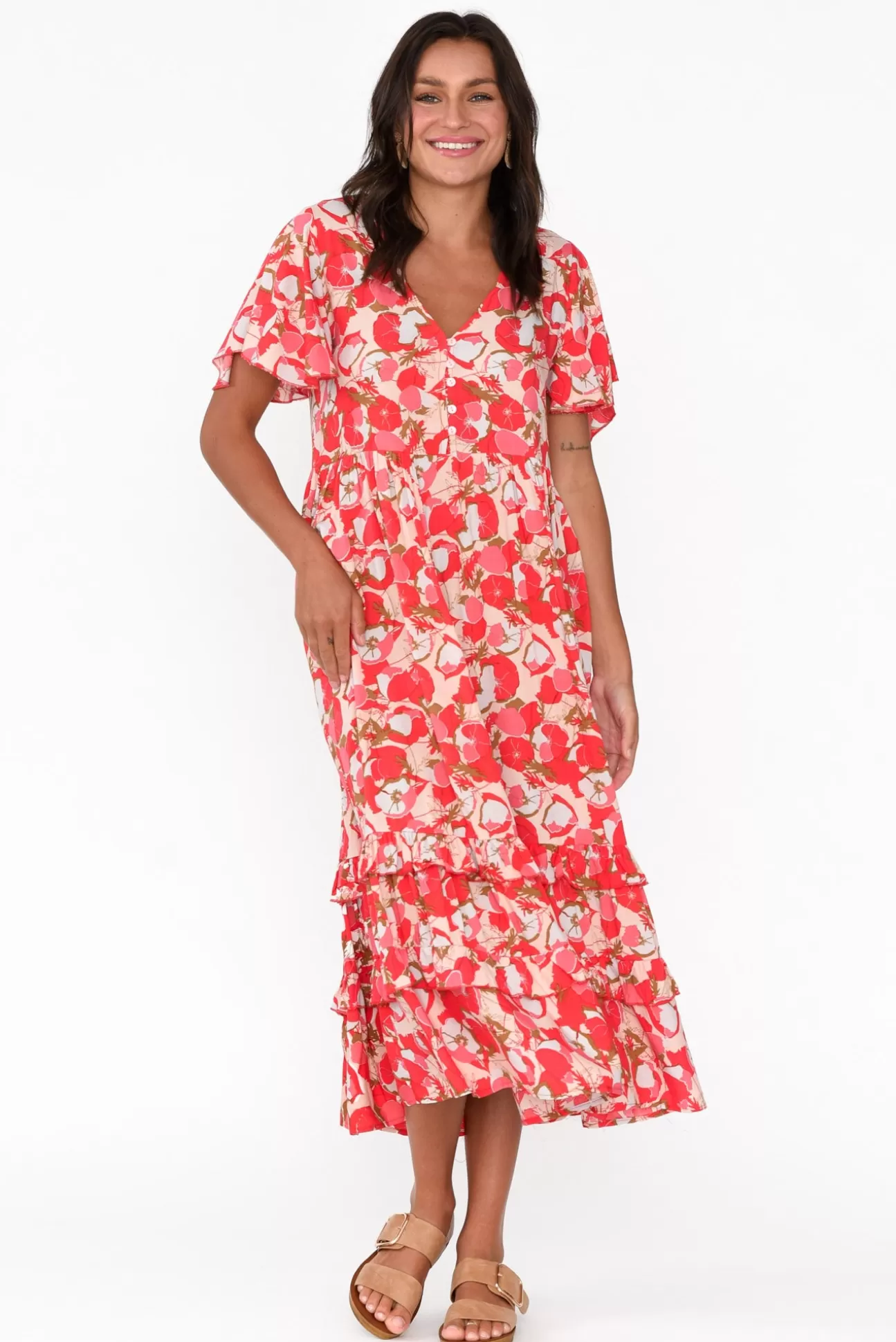 New U Collection Akira Red Bloom Button Tier Dress Online