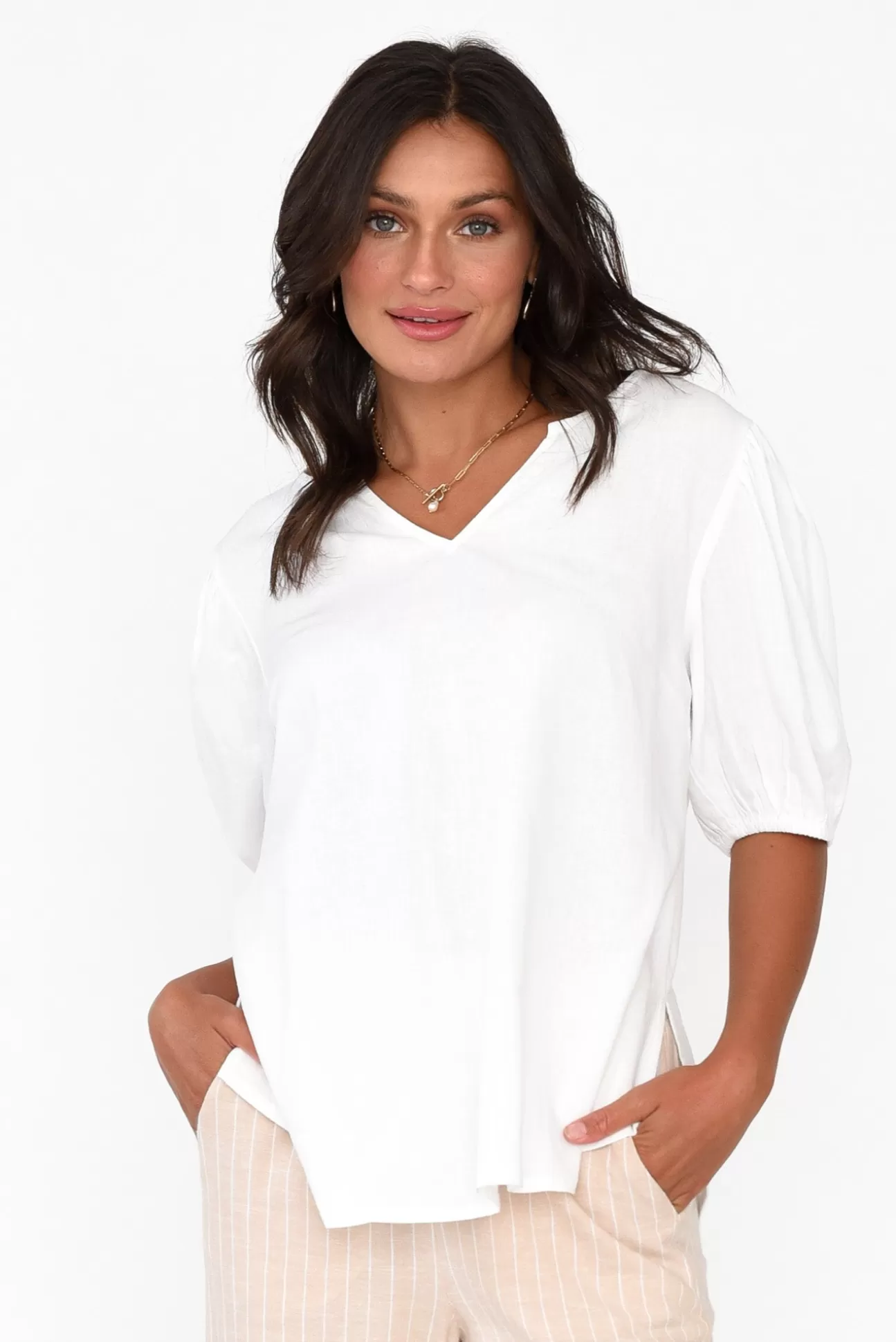 Betty Basics Alba White Linen Blend Blouse Top Clearance