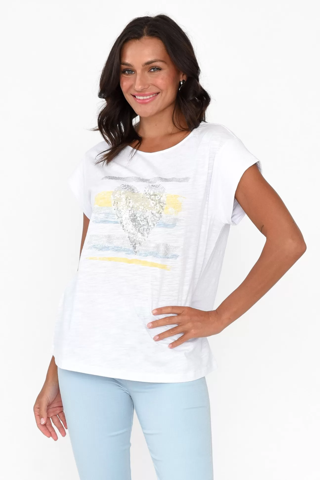 Cafe Latte Alberta Yellow Cotton Sequin Tee Clearance