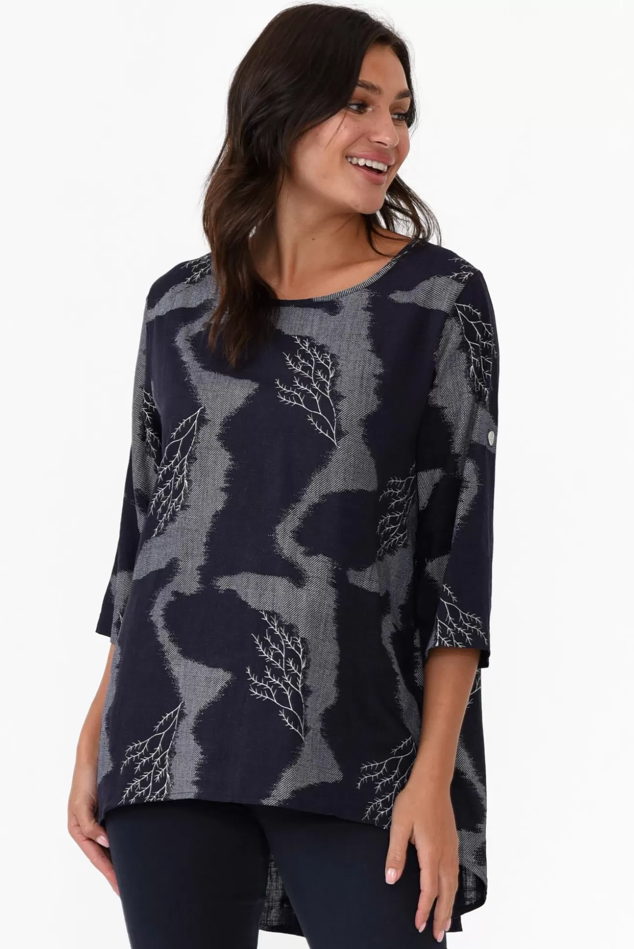 Ruby Rain Alessi Navy Abstract Cotton Linen Top Outlet