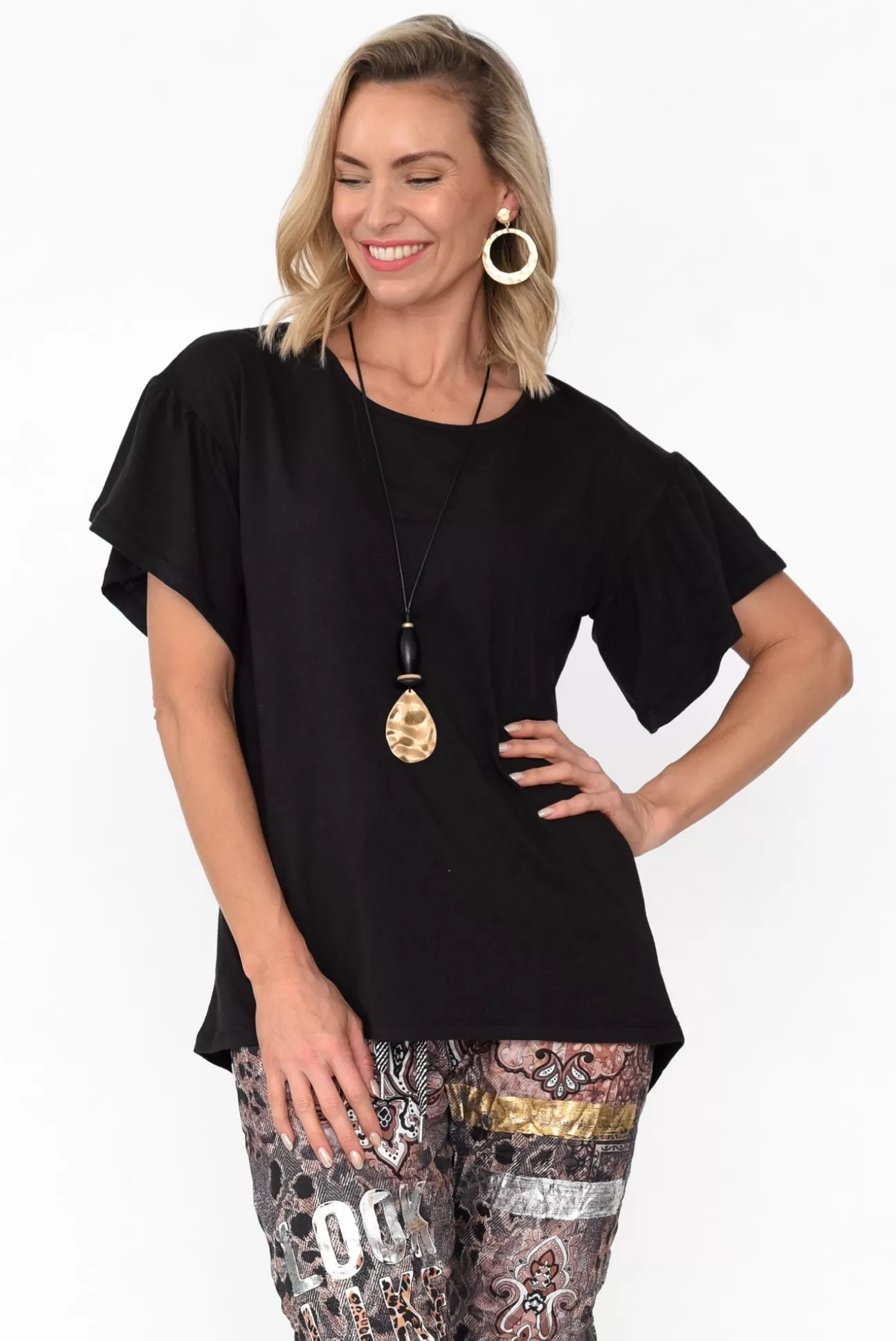 Betty Basics Alessia Black Cotton Blend Frill Top Discount