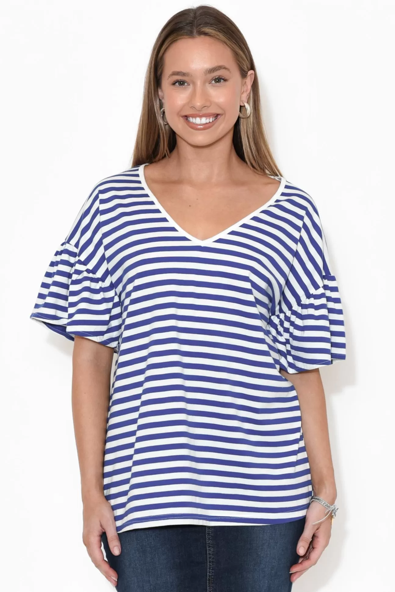 Betty Basics Alessia Blue Stripe Cotton Frill Top Sale