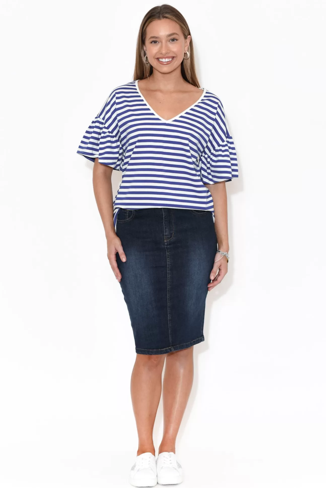 Betty Basics Alessia Blue Stripe Cotton Frill Top Sale