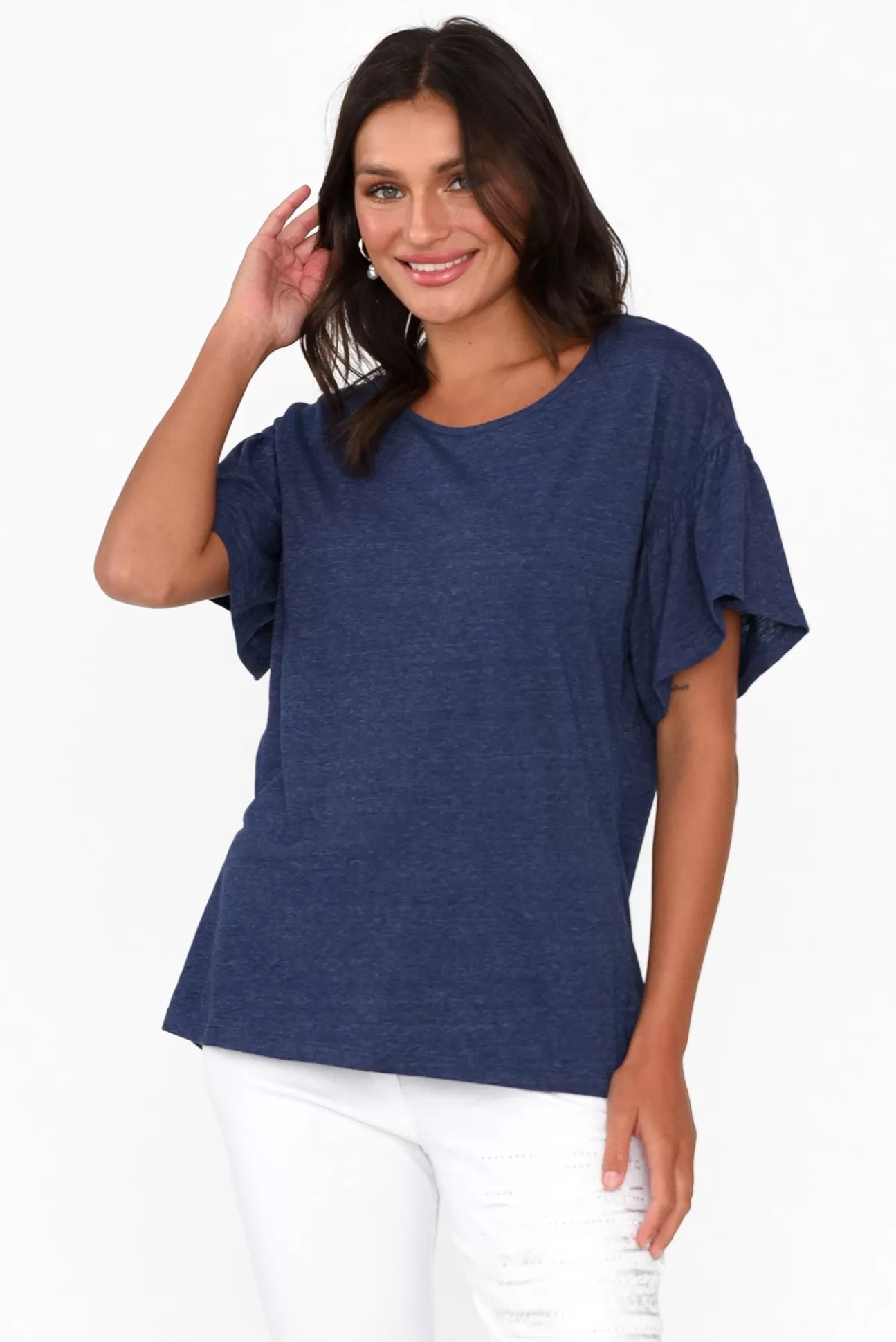 Betty Basics Alessia Navy Cotton Blend Frill Top Cheap