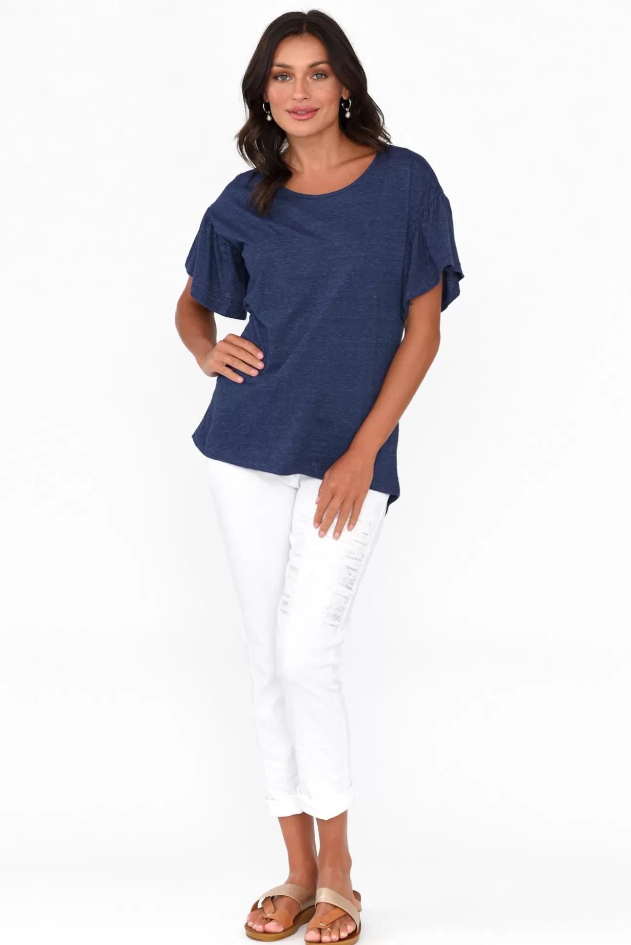 Betty Basics Alessia Navy Cotton Blend Frill Top Cheap