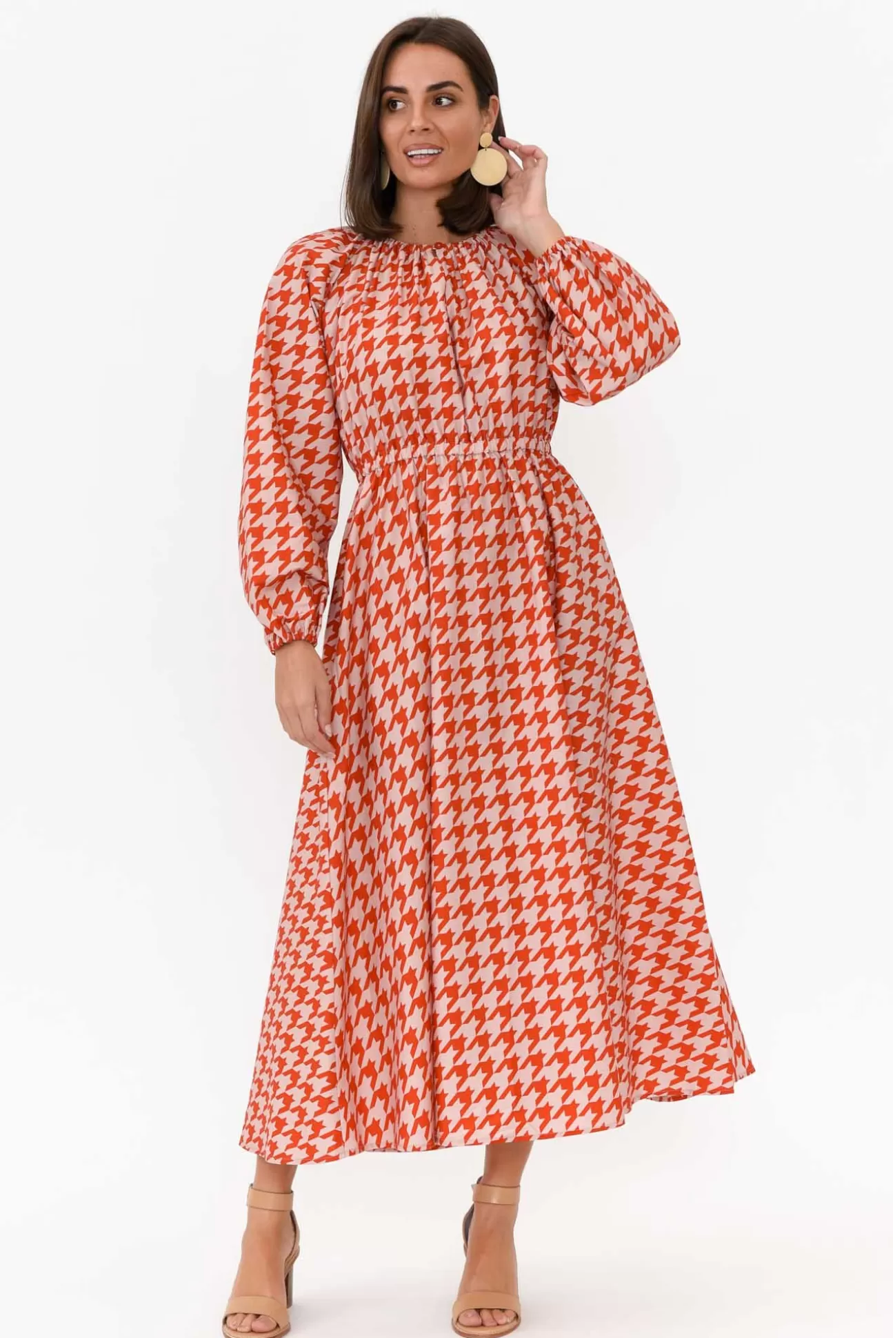 Dear Sutton Alexis Red Houndstooth Cotton Poplin Dress Discount