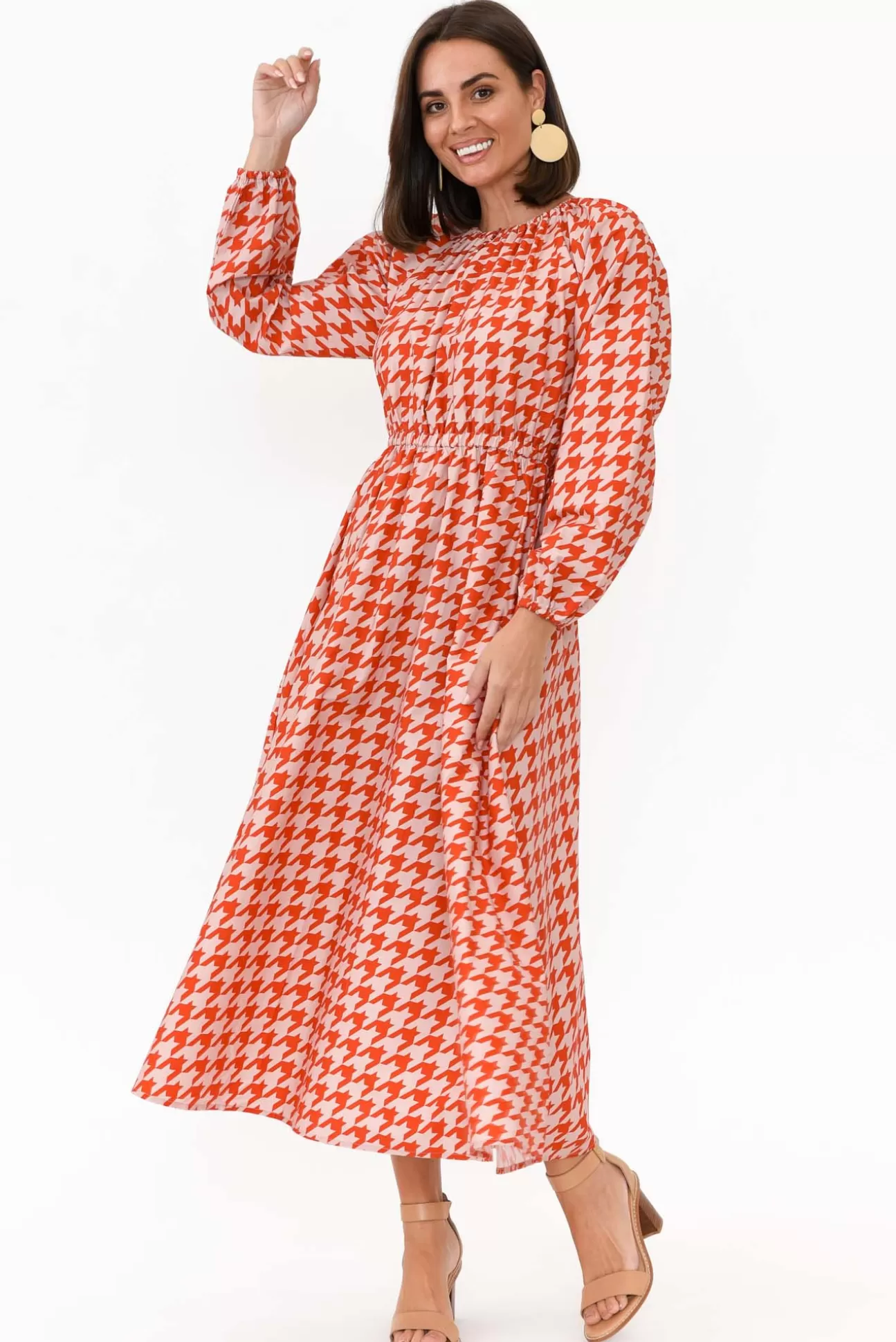 Dear Sutton Alexis Red Houndstooth Cotton Poplin Dress Discount