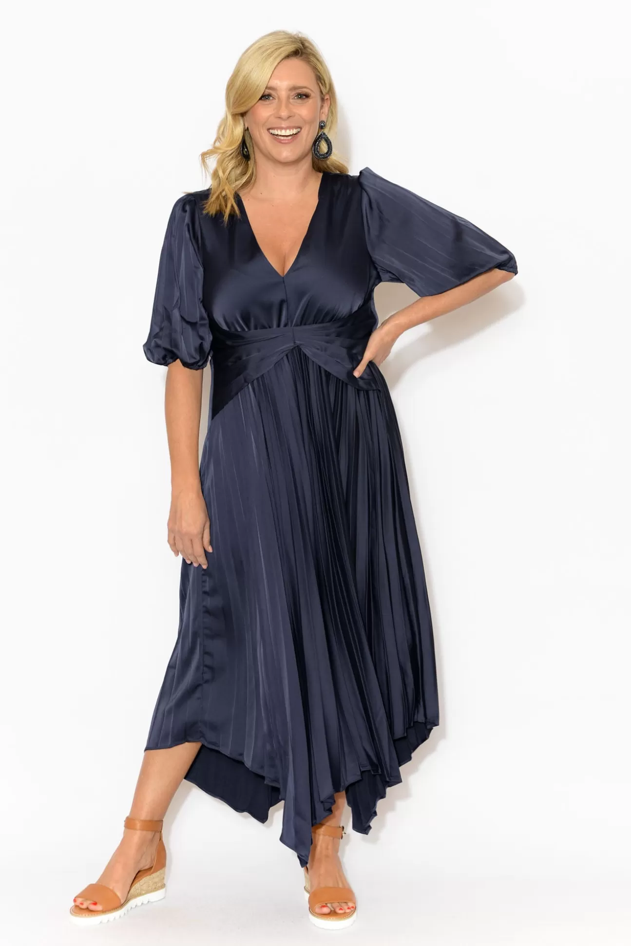 YH and CO Allison Navy Pleated Midi Dress Clearance