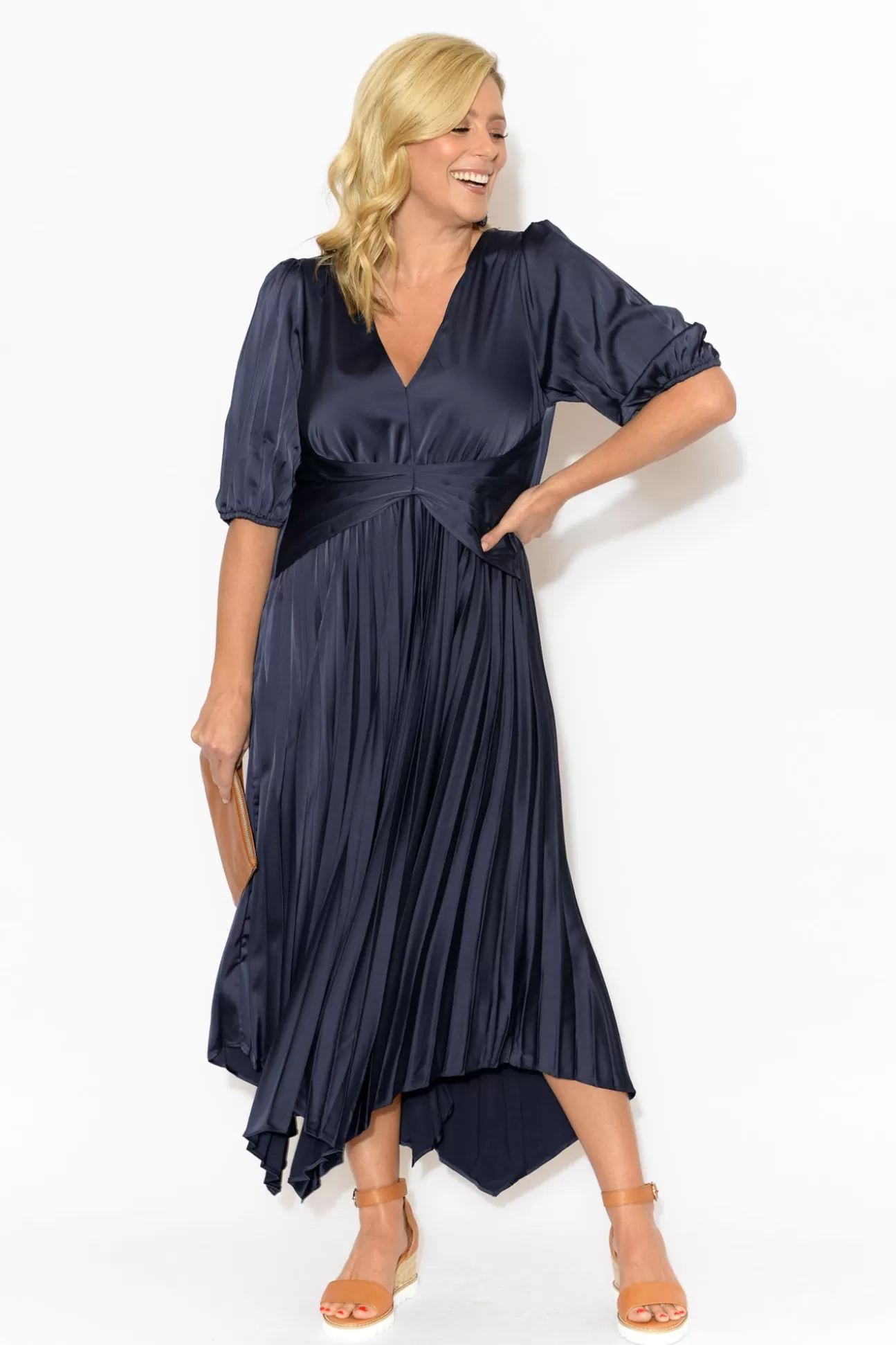 YH and CO Allison Navy Pleated Midi Dress Clearance