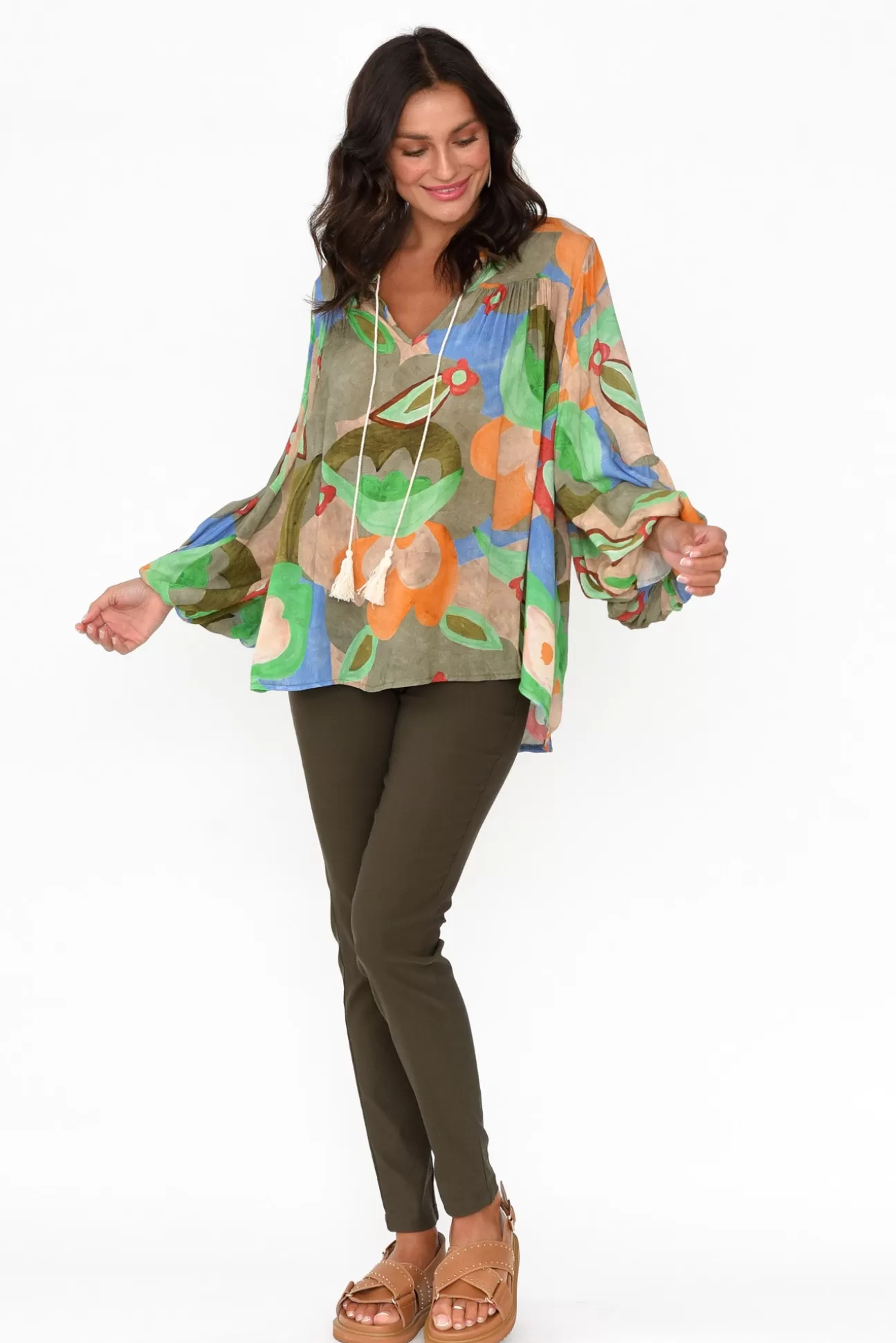 Italian Star Althea Khaki Blossom V Neck Top Discount