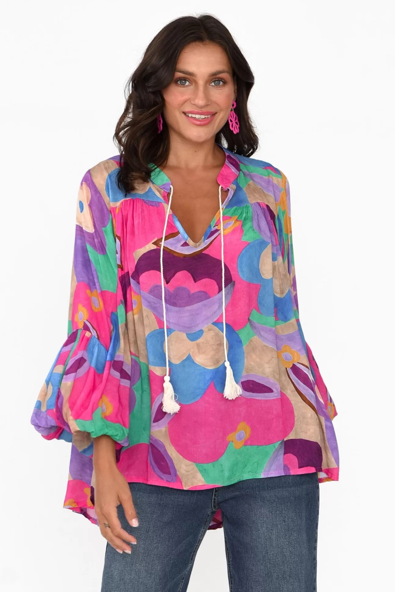 Italian Star Althea Pink Abstract V Neck Top Best Sale