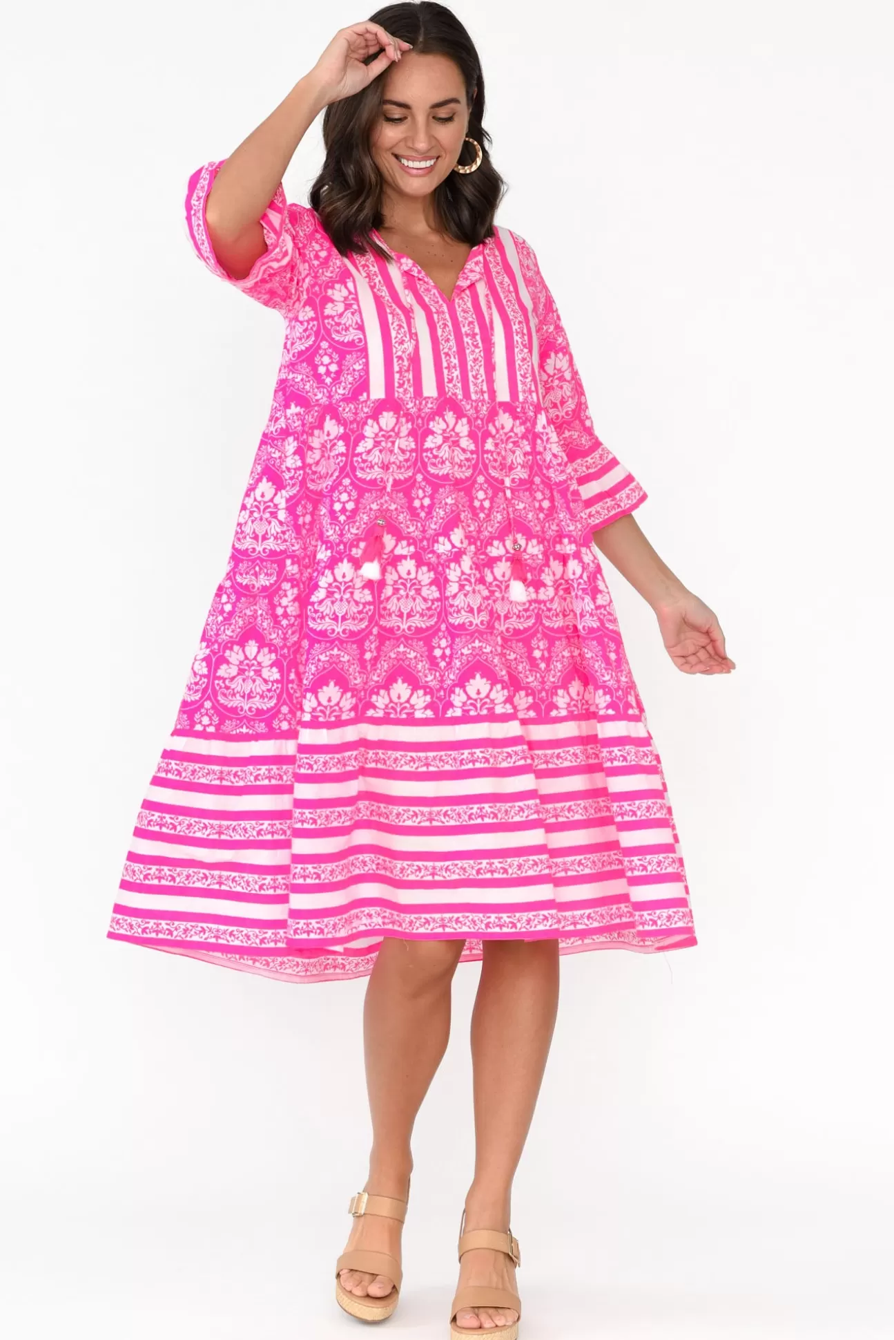 Escape Amber Hot Pink Damask Cotton Dress Cheap