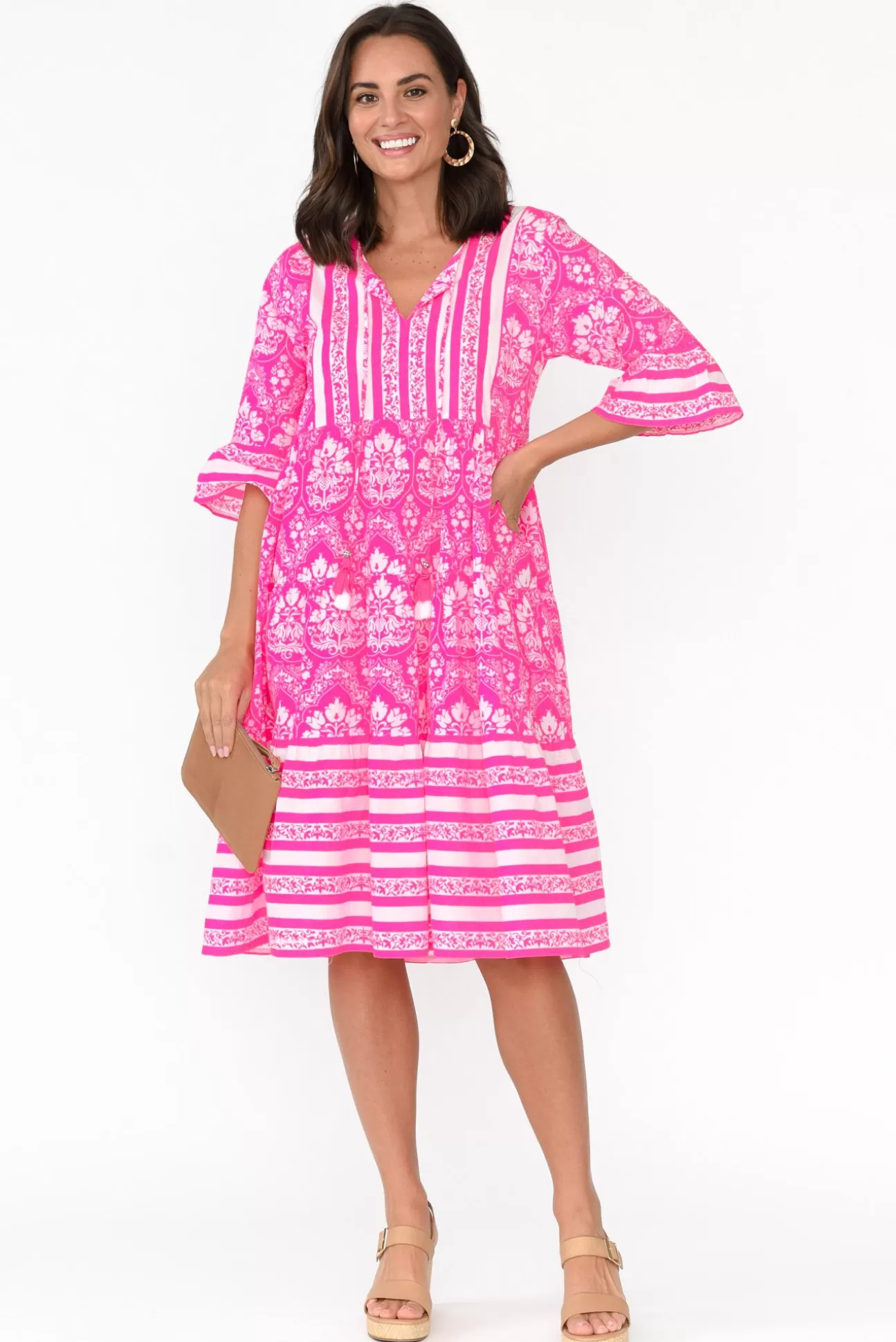 Escape Amber Hot Pink Damask Cotton Dress Cheap