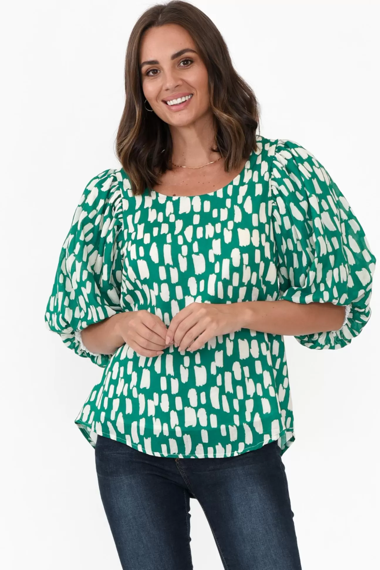 New U Collection Amsterdam Green Fleck Puff Sleeve Top Discount