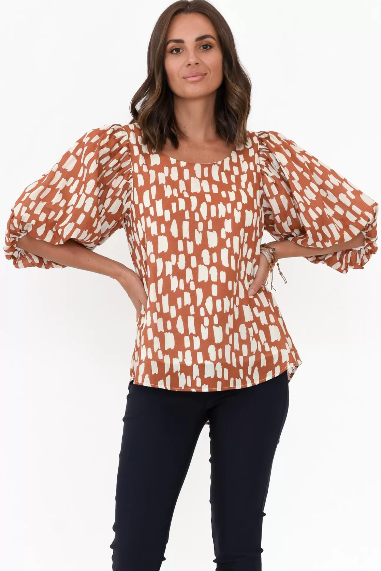 New U Collection Amsterdam Rust Fleck Puff Sleeve Top New