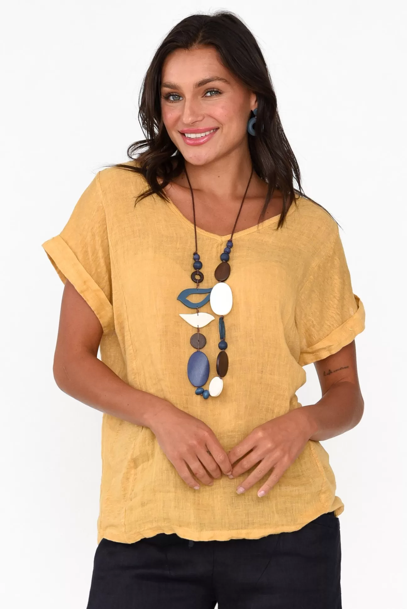 Talia Benson Anna Mustard Linen Tee Cheap