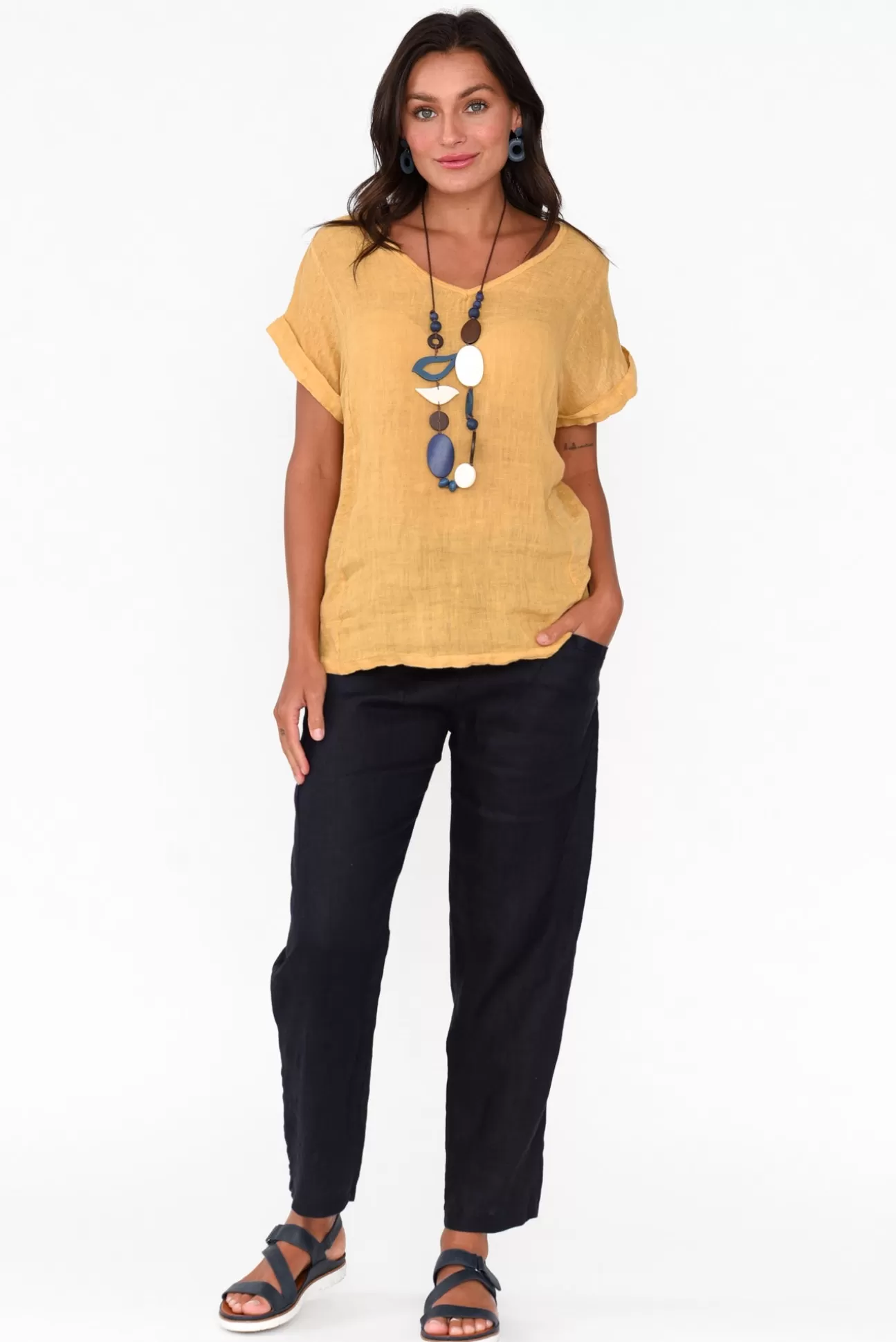 Talia Benson Anna Mustard Linen Tee Cheap