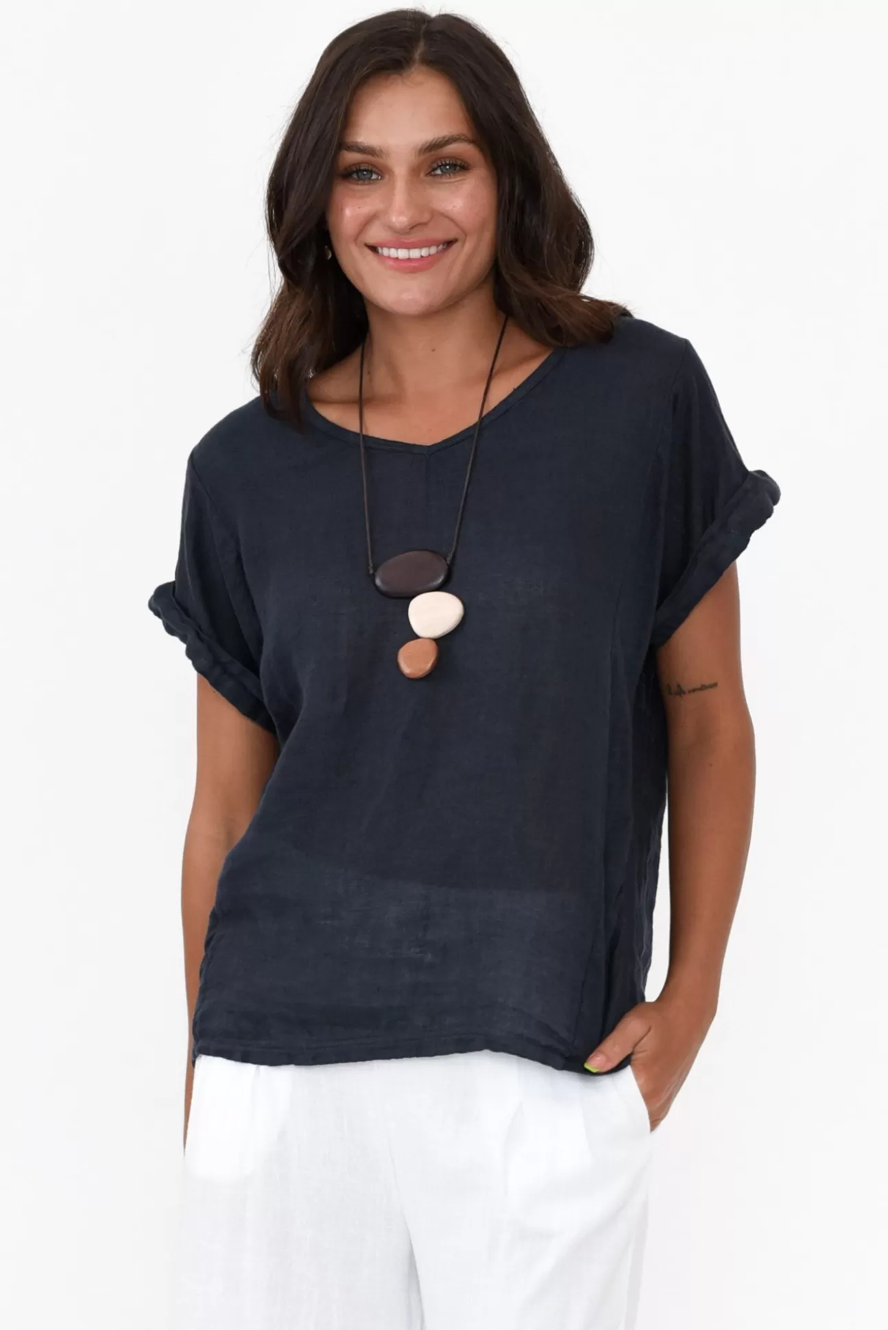 Talia Benson Anna Navy Linen Tee Best