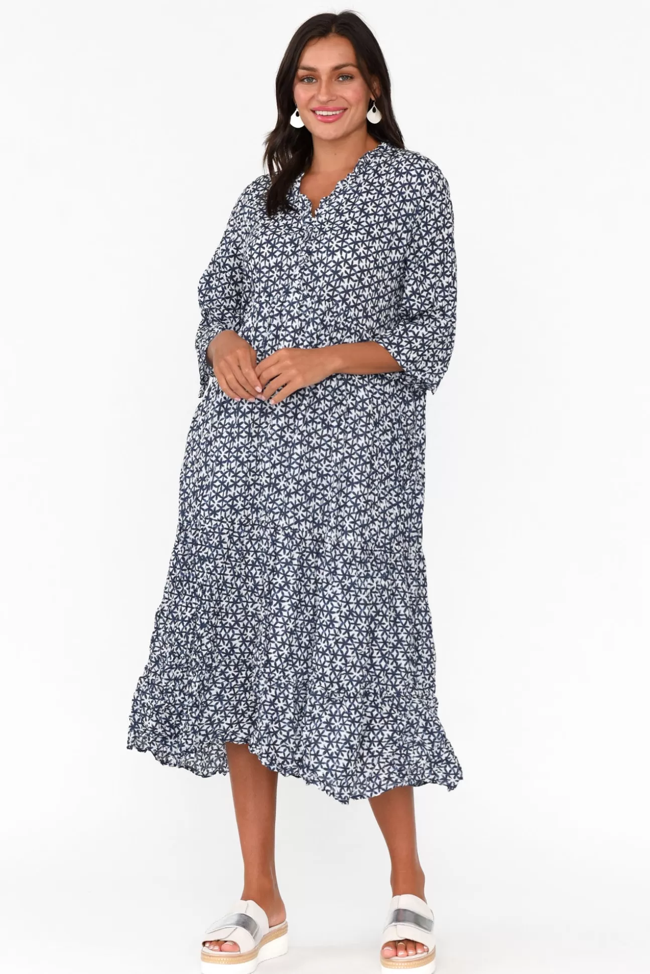 Namastai Anniston Navy Flower Cotton Tiered Dress Best Sale