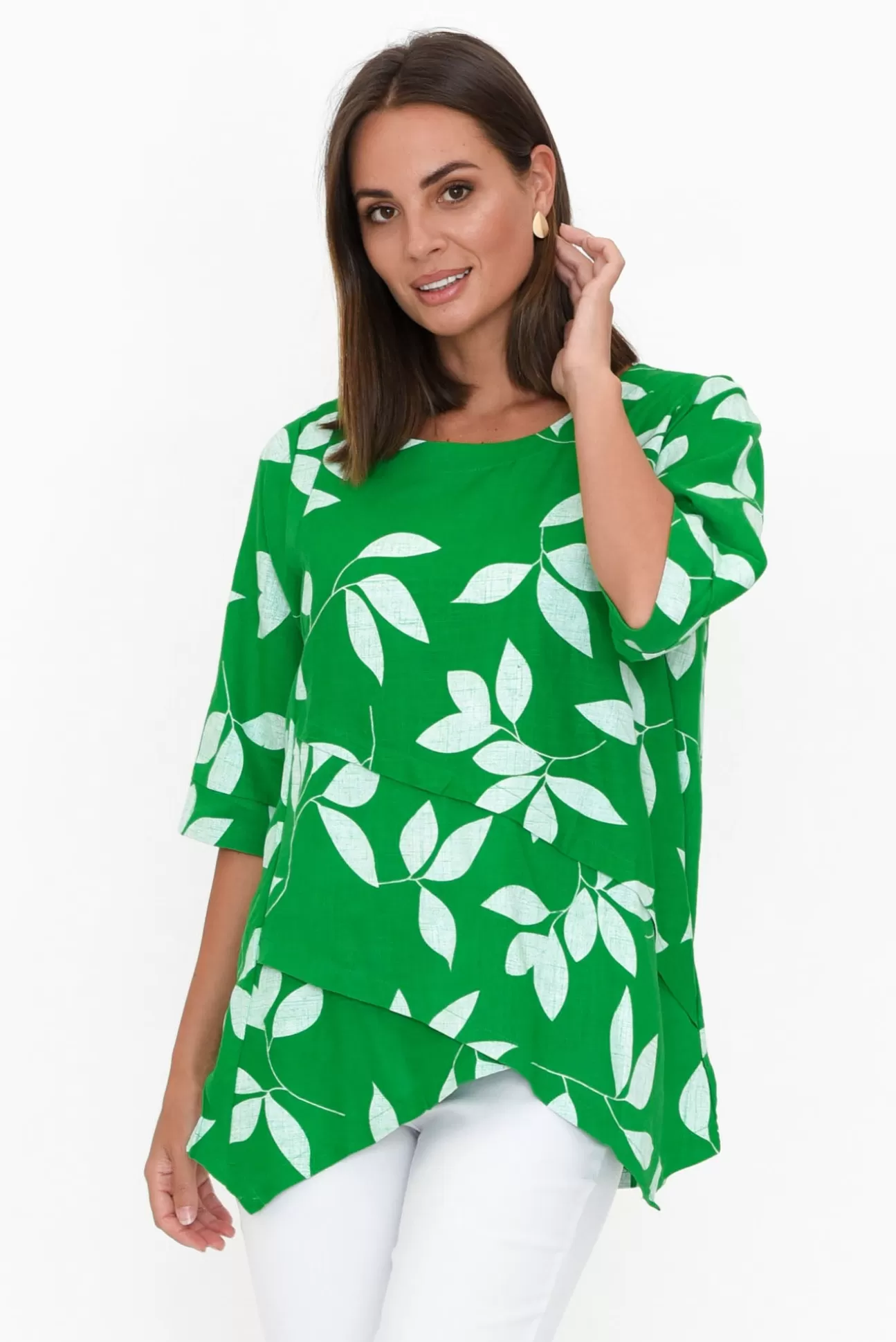 Ruby Rain Anya Green Flower Linen Cotton Top Outlet