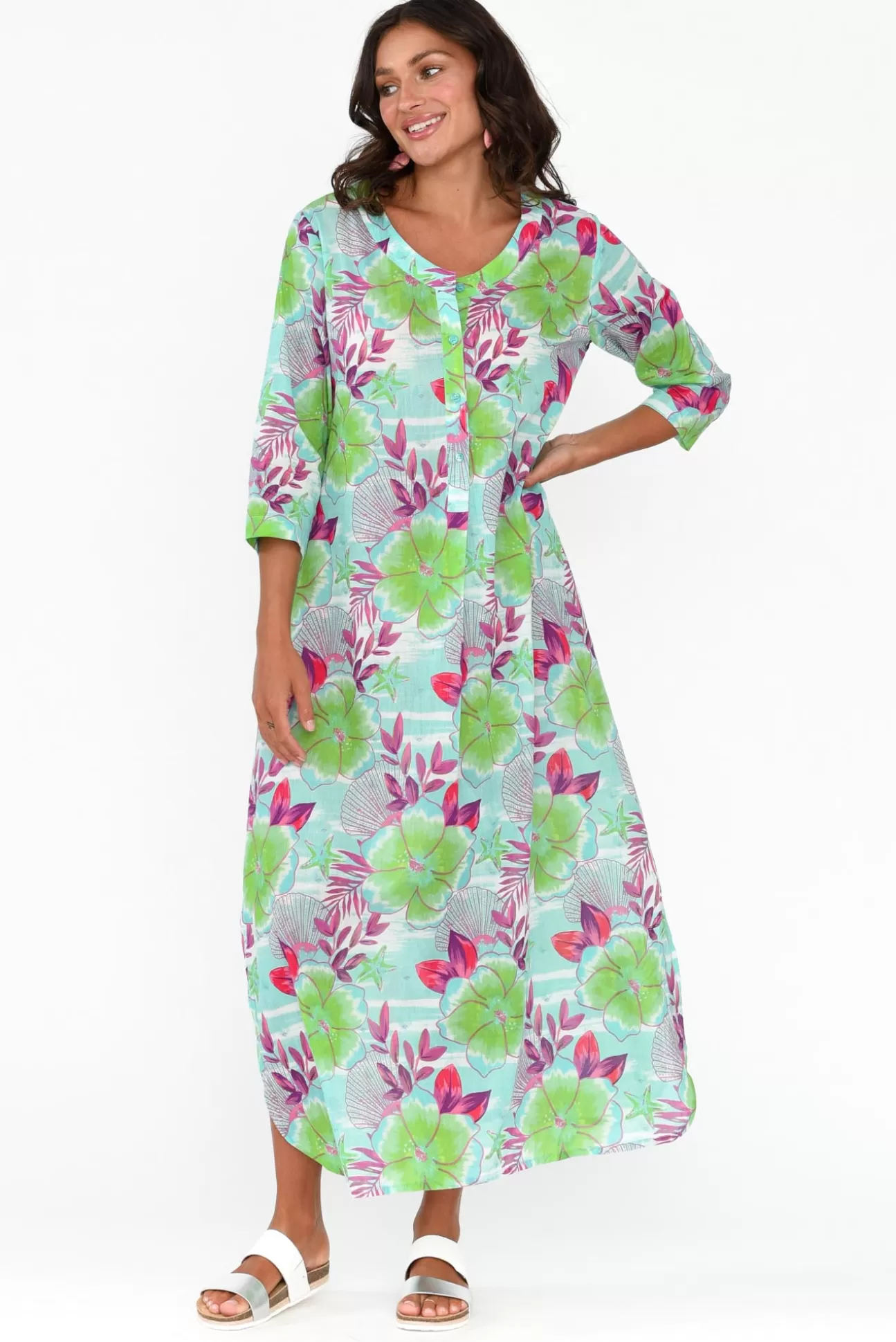 One Summer Apia Aqua Flower Cotton Maxi Dress Best Sale