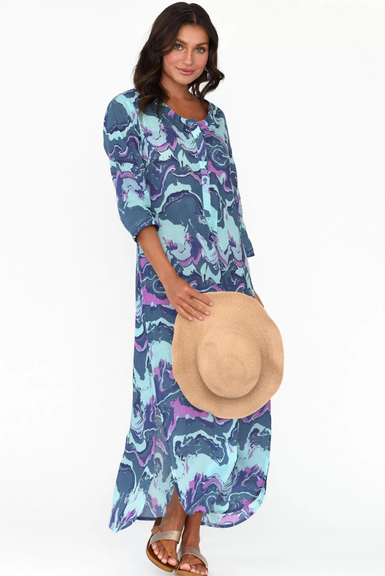 One Summer Apia Blue Swirl Cotton Maxi Dress Outlet