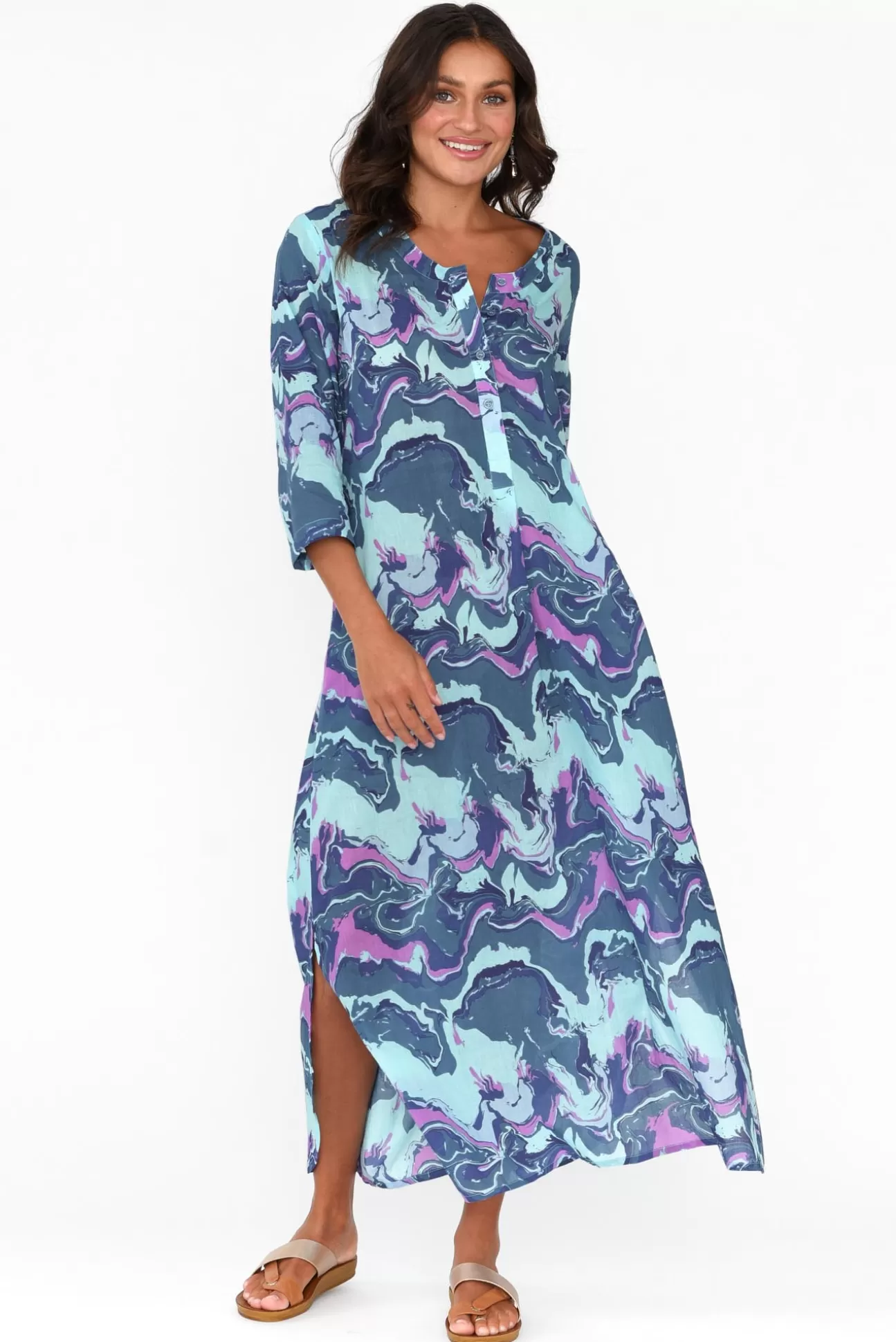 One Summer Apia Blue Swirl Cotton Maxi Dress Outlet