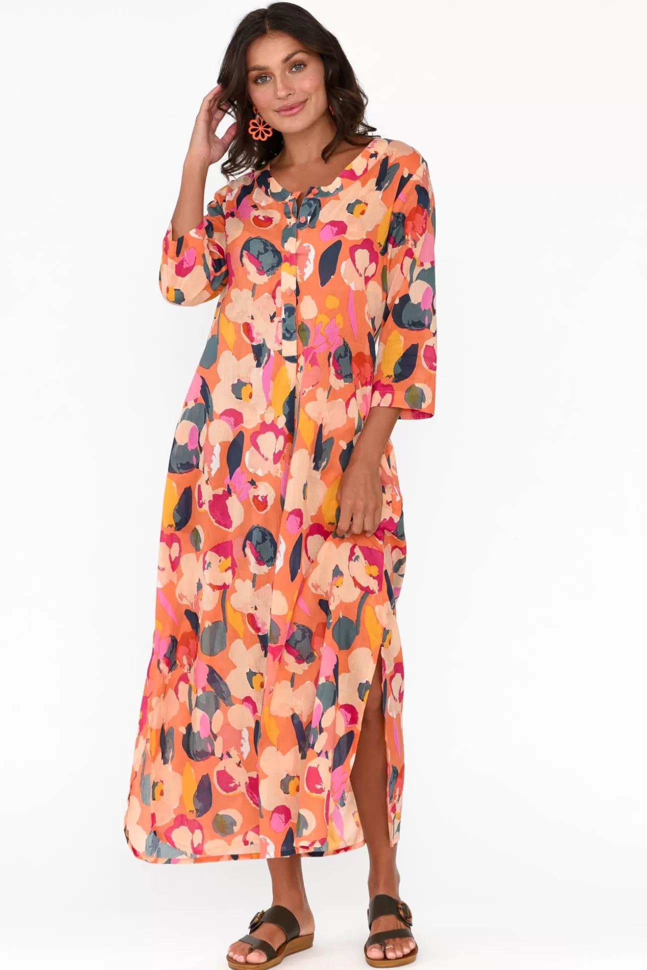 One Summer Apia Coral Blossom Cotton Maxi Dress Flash Sale