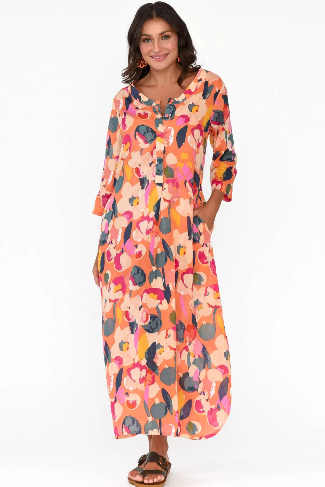 One Summer Apia Coral Blossom Cotton Maxi Dress Flash Sale