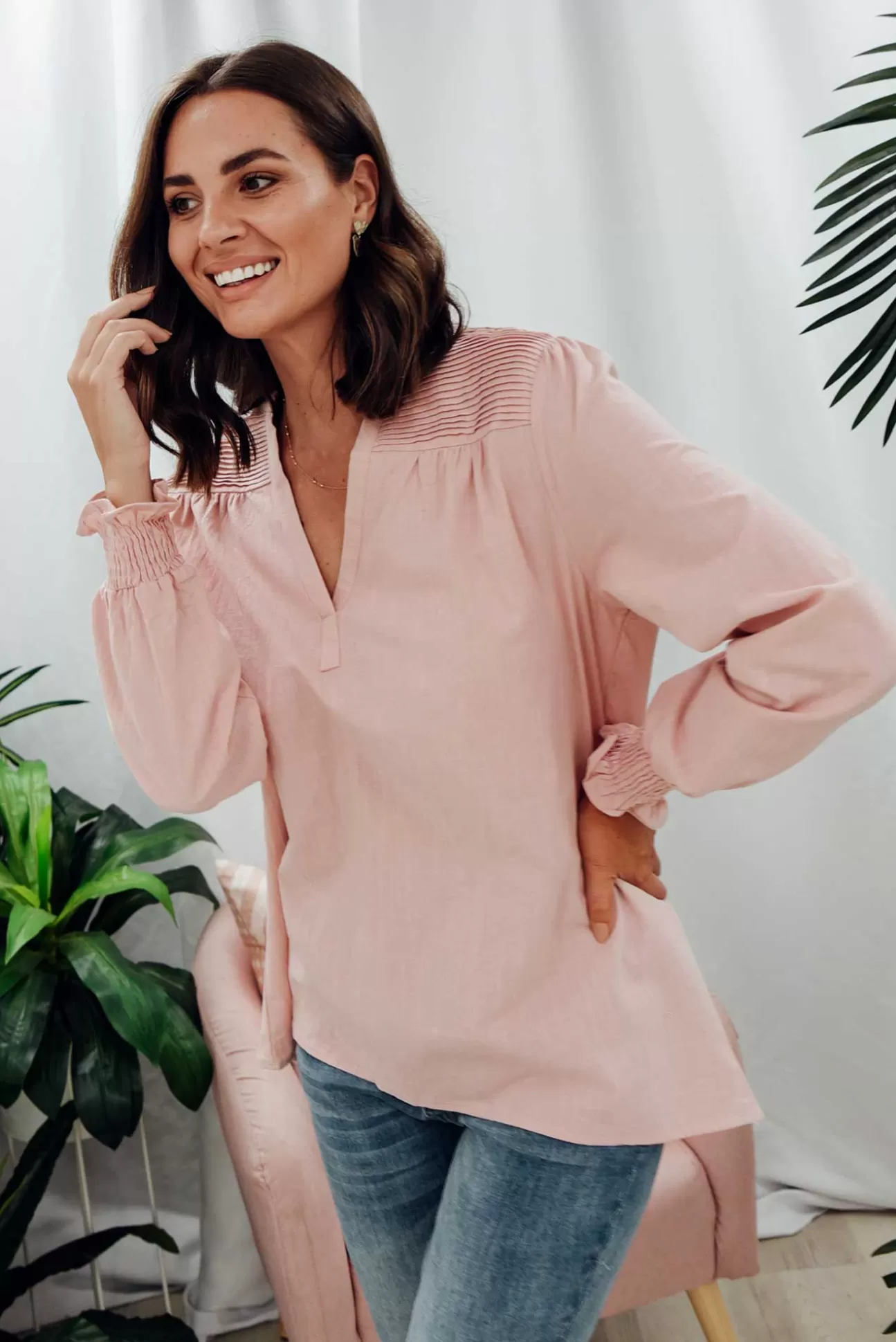 Cali and Co April Blush Cotton V Neck Top Store