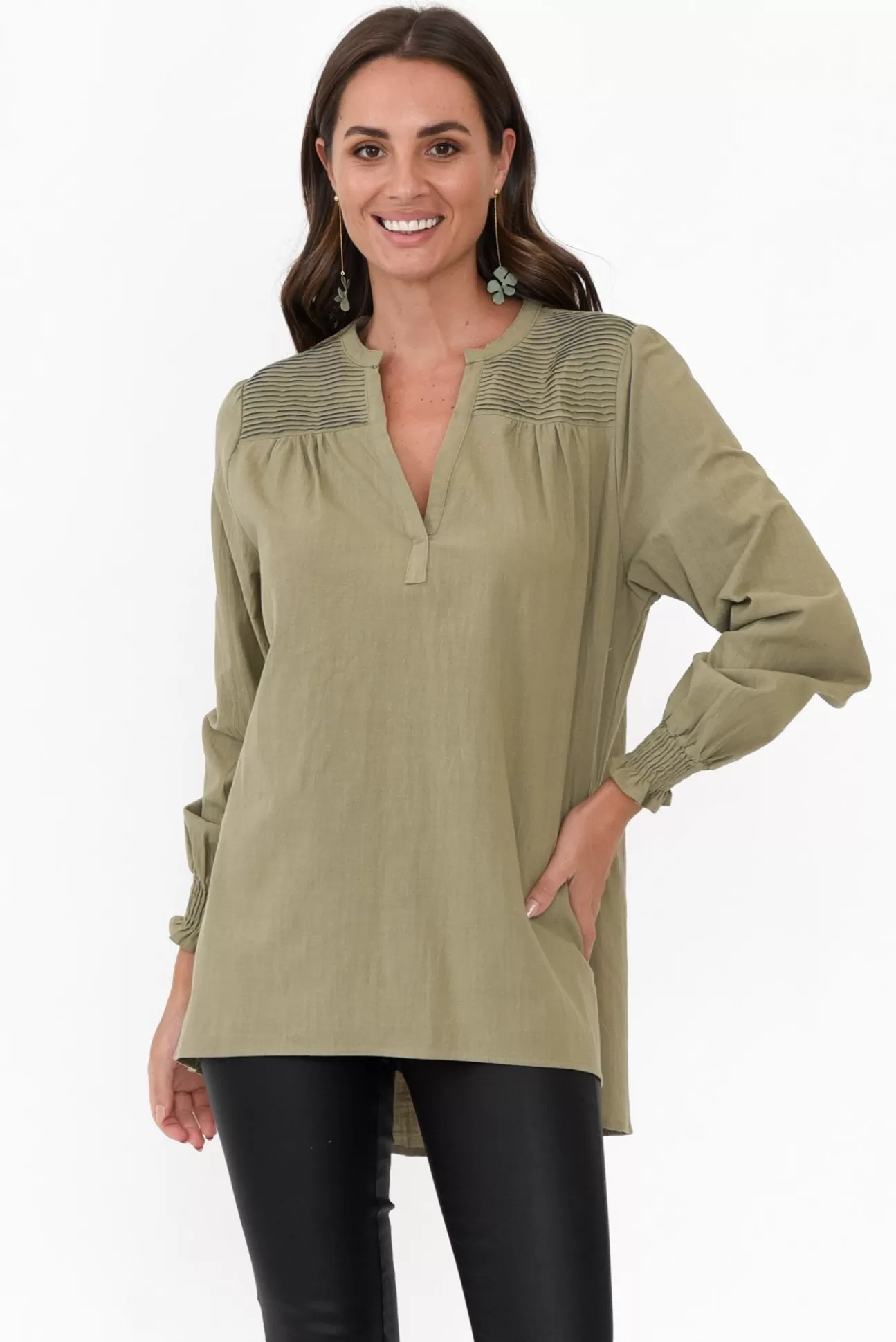 Cali and Co April Khaki Cotton V Neck Top Hot